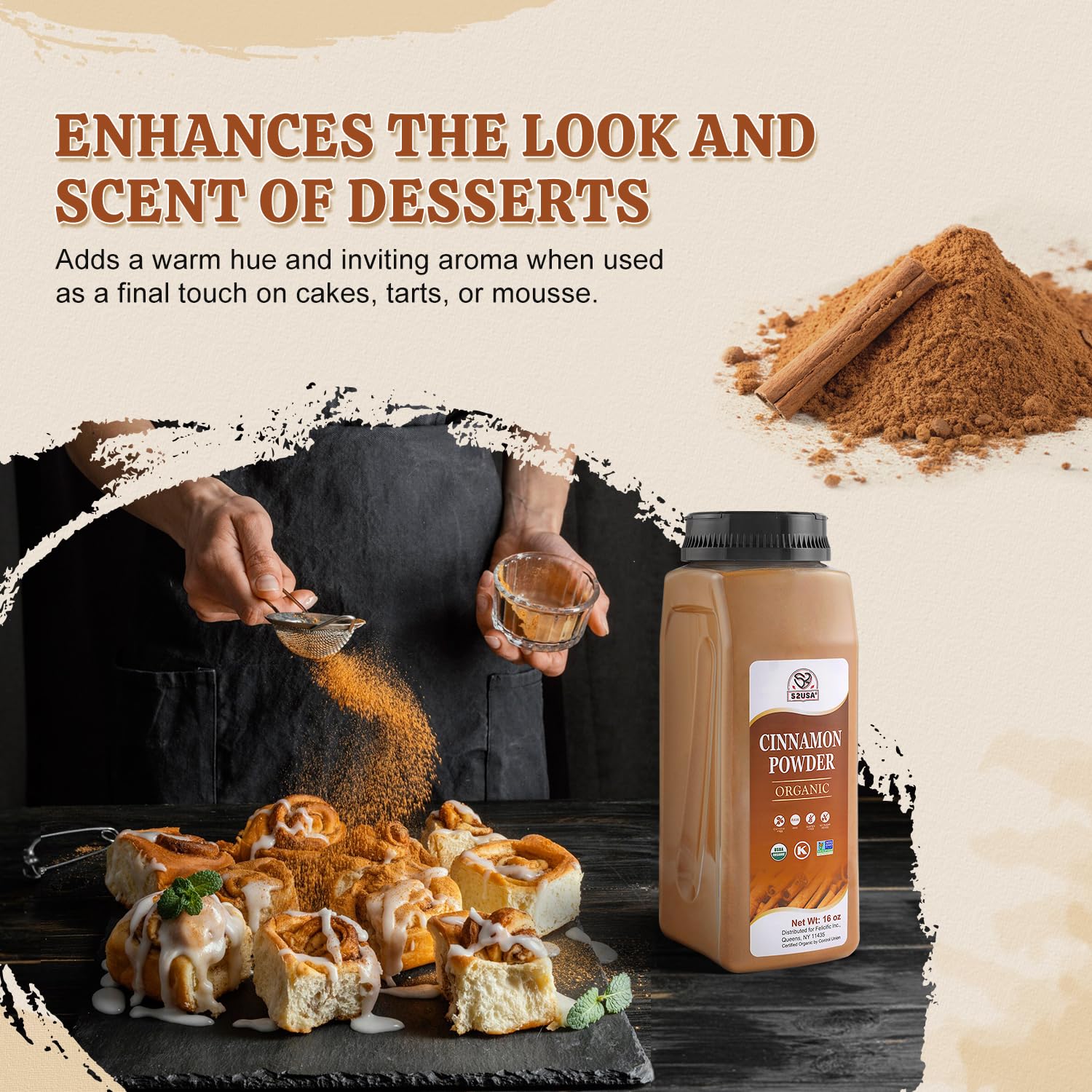 52USA Organic Cinnamon Powder,1 lb (16oz),Pure Ground Cinnamon, 100% Certified,Premium Quality Spice-Great for Baking,Cooking and Drinks,Additive