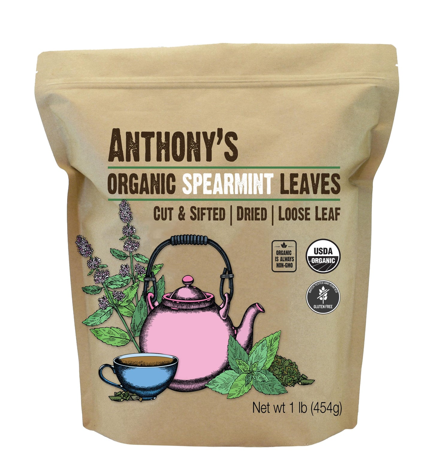 Anthony's Organic Dried Spearmint Leaves, 1 lb, Gluten Free, Non GMO, Cut and Sifted