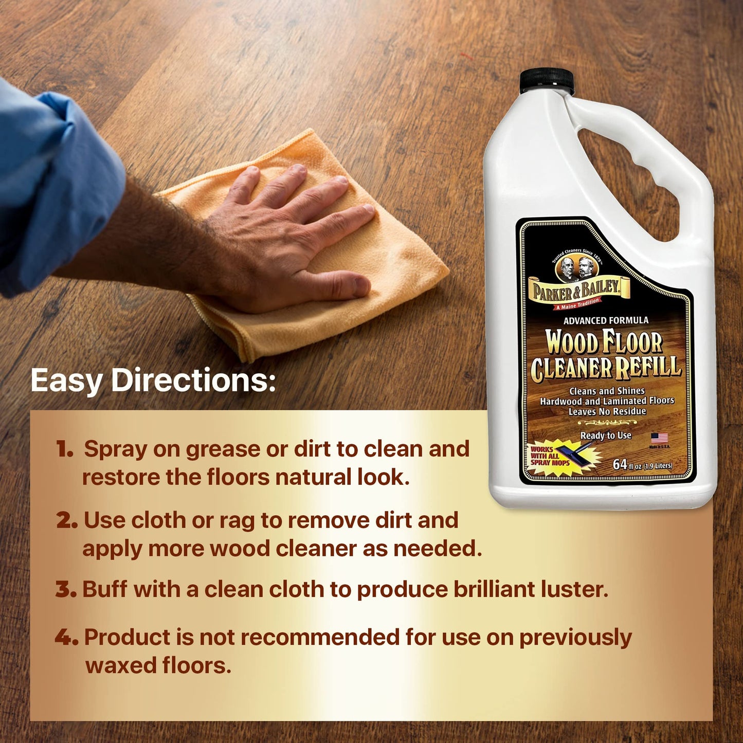 Parker & Bailey Wood Floor Cleaner - Use on Hardwood, Laminated or Faux Finished Floors. Shine Restorer Protector, Surface Cleaner Supplies Home