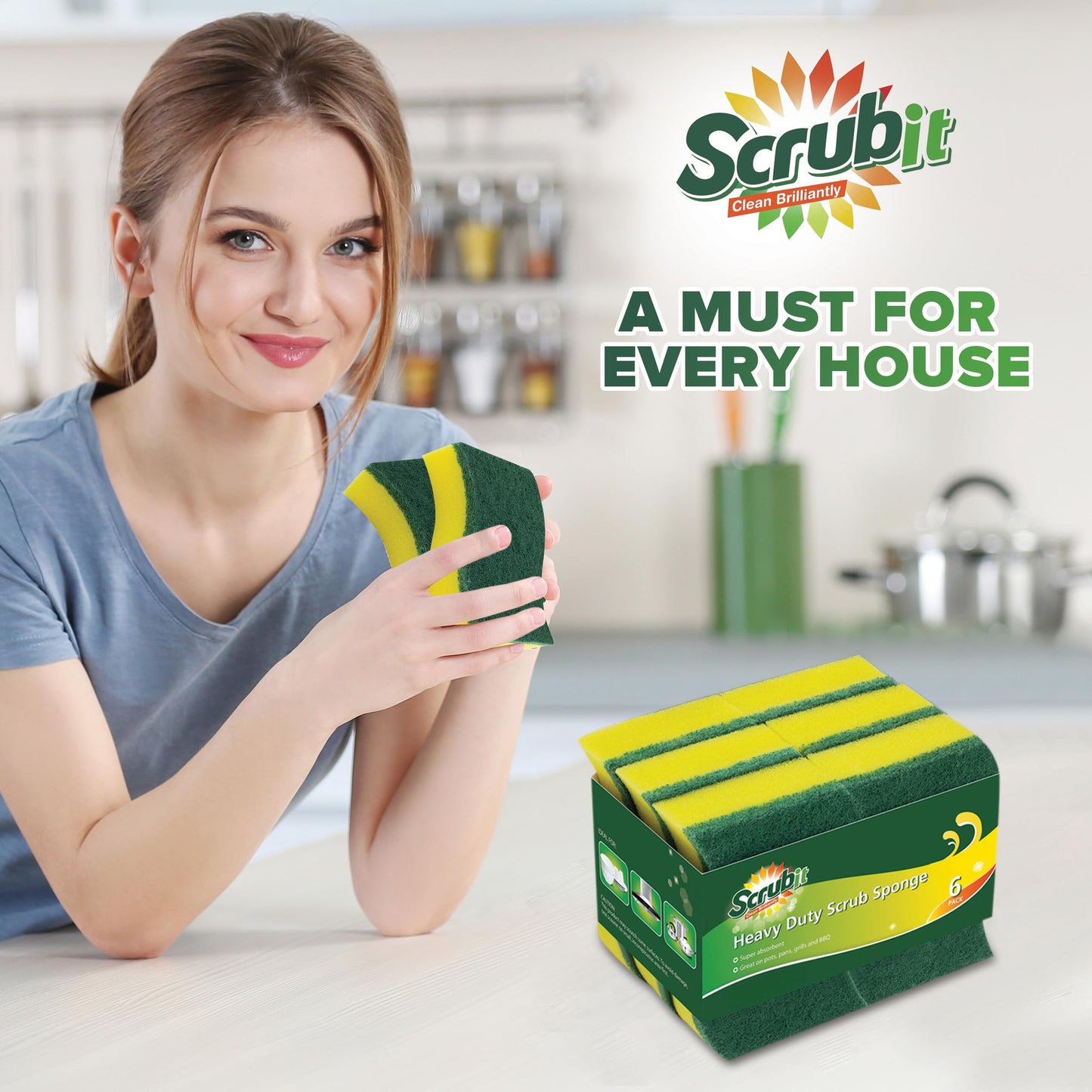 (6 Pack) Heavy Duty Scrub Sponges by SCRUBIT - Kitchen Dish, Sink and Bathroom Cleaning Scrubber Sponge - with Non-Smell Scouring Pad