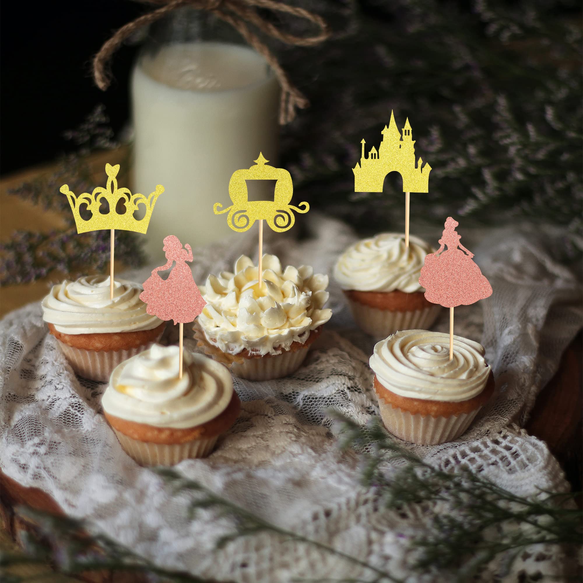Arthsdite Pack of 40 Pre-Assembled Princess Cupcake Toppers Crown Castle Girl Cupcake Toppers Birthday Fruits Picks for Princess Theme Party