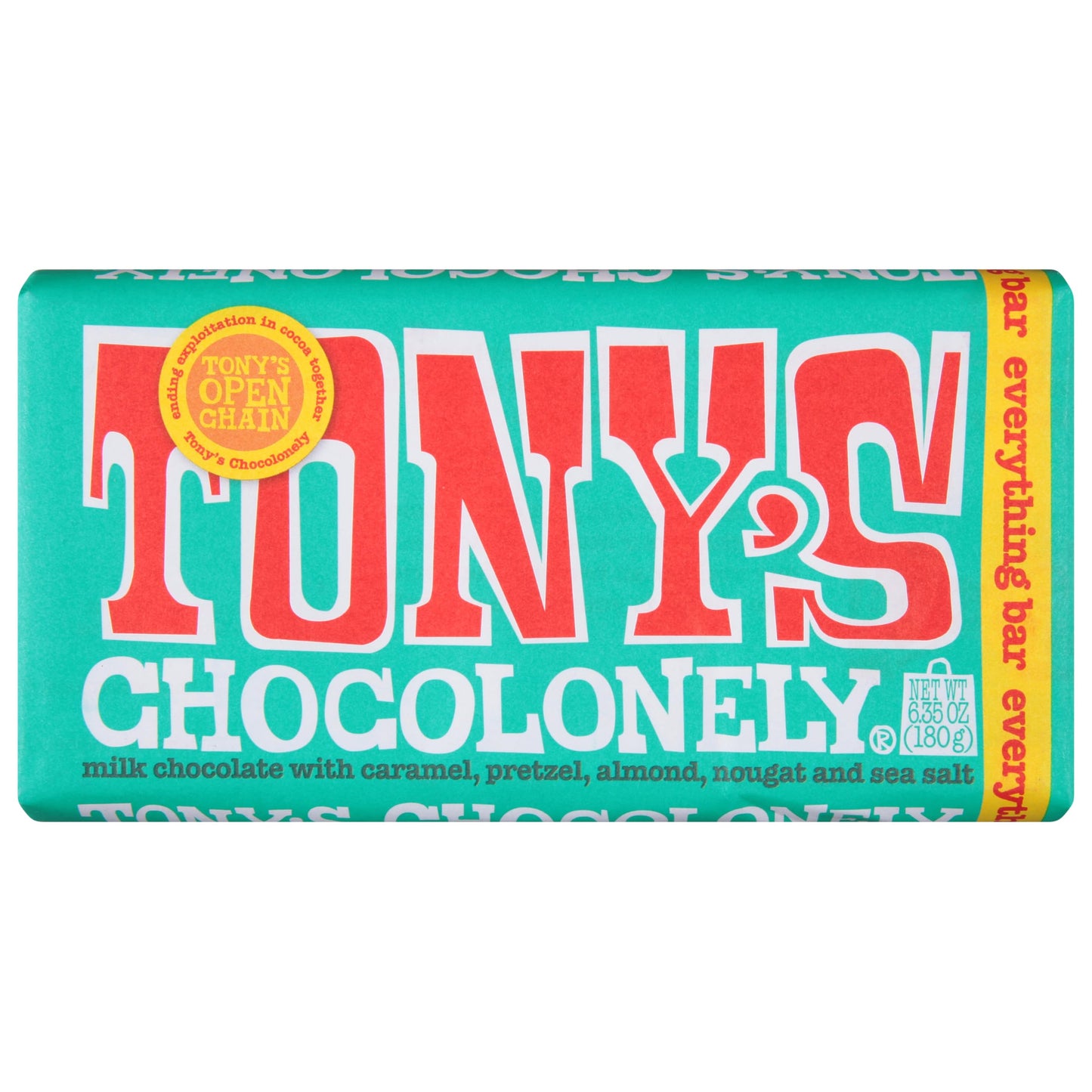 Tony’s Chocolonely the Everything Bar, Belgian Milk Chocolate Candy Bar With Sea Salt, Caramel, Pretzel, & Almond Nougat for Snacks or Gifts, 32%