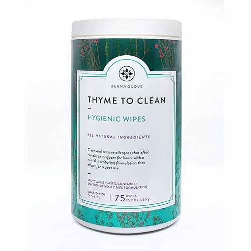 DERMAGLOVE Thyme To Clean - Skin-Safe Compostable Surface Cleaning Wipes | infused with Thyme and Vitamin A,C,E - 75 Count (Pack of 1)