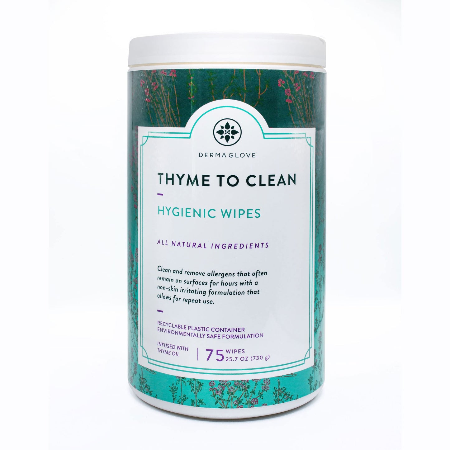 DERMAGLOVE Thyme To Clean - Skin-Safe Compostable Surface Cleaning Wipes | infused with Thyme and Vitamin A,C,E - 75 Count (Pack of 1)
