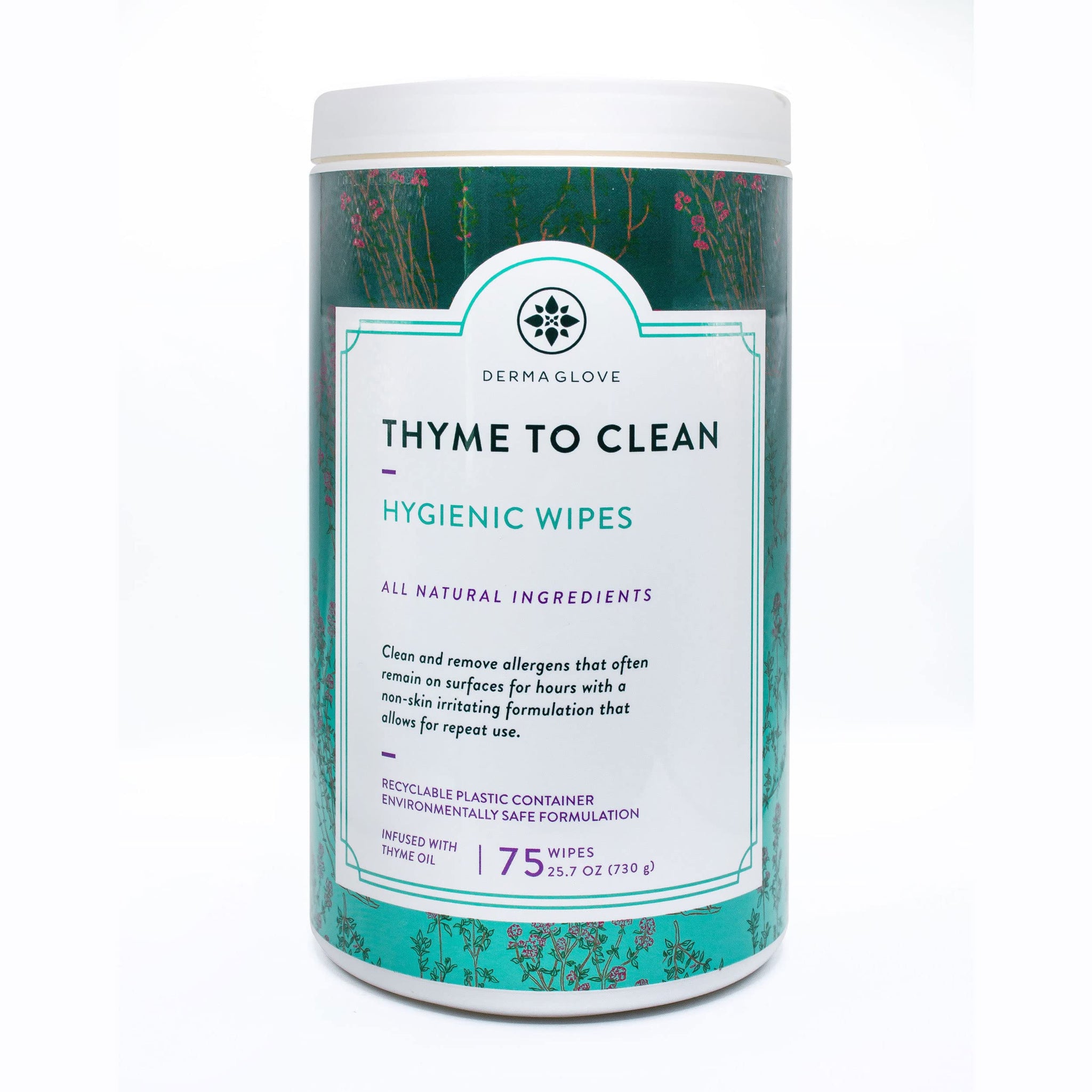DERMAGLOVE Thyme To Clean - Skin-Safe Compostable Surface Cleaning Wipes | infused with Thyme and Vitamin A,C,E - 75 Count (Pack of 1)