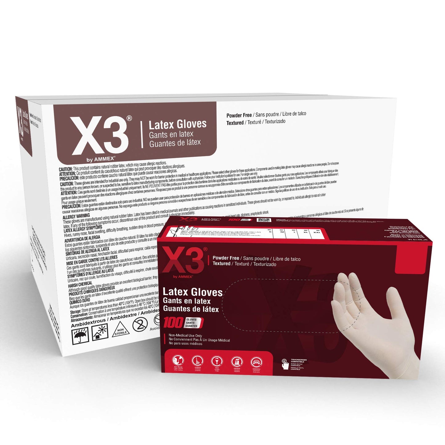Ammex X3 Industrial Ivory Latex Gloves, Case of 1000, 3 Mil, Size Medium, Powder Free, Textured, Disposable, LX344100