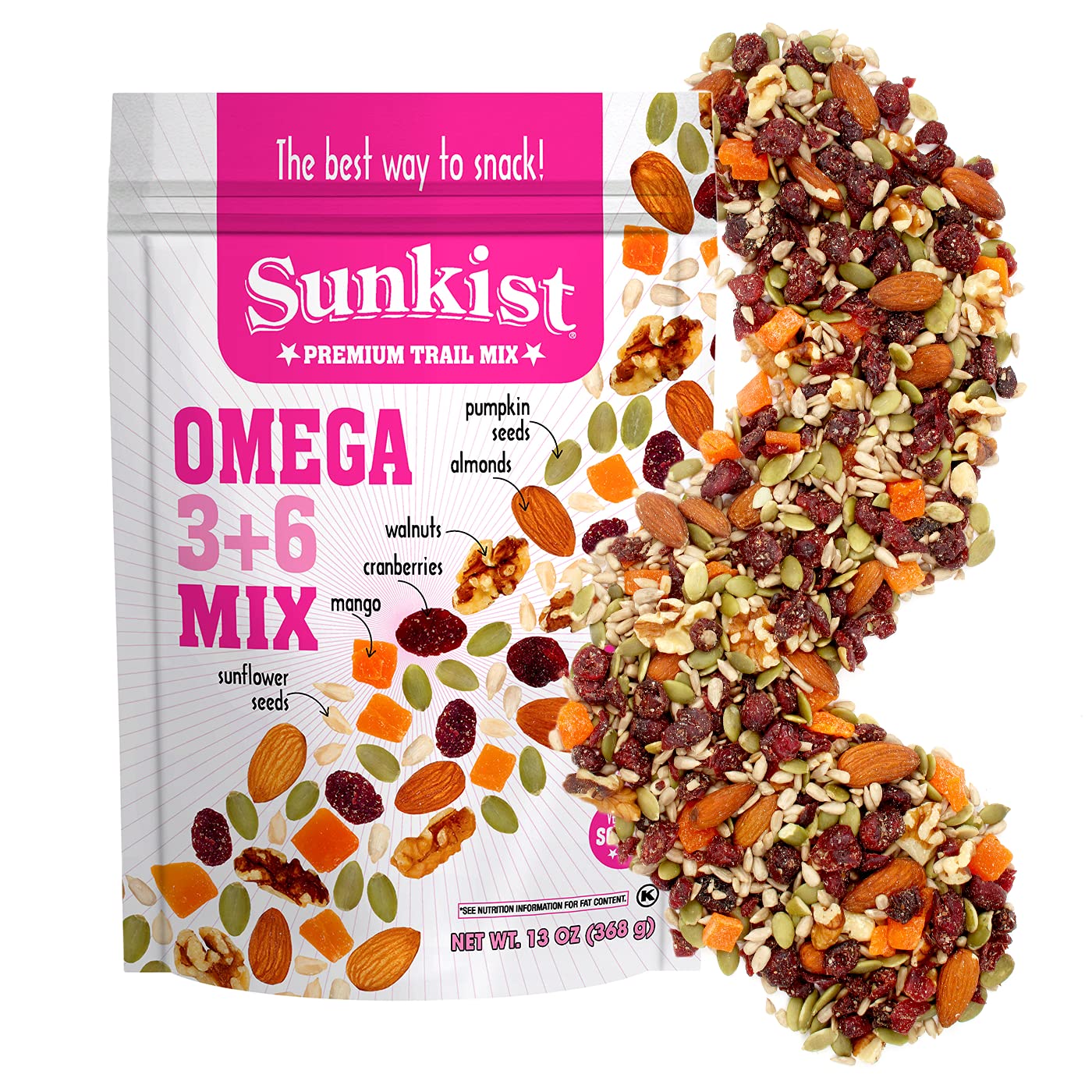 Sunkist® Omega 3+6 Trail Mix - Fruit, Nut and Seeds, Pumpkin and Sunflower Seeds, Mango, Almonds, Walnuts, and Cranberry | Gluten Free Premium Quality