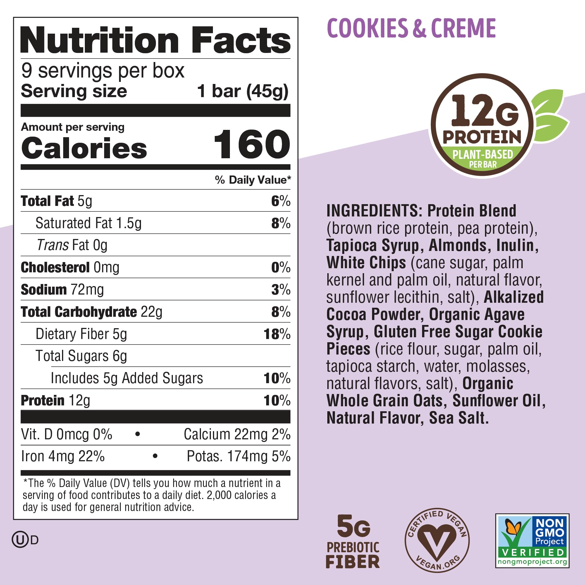 Lenny & Larry's Cookie-fied Protein Bar - Cookies & Creme Vegan Protein Bars 9x45g - Healthy Snacks with 12g Plant Protein & 5g Fiber - Gluten Free