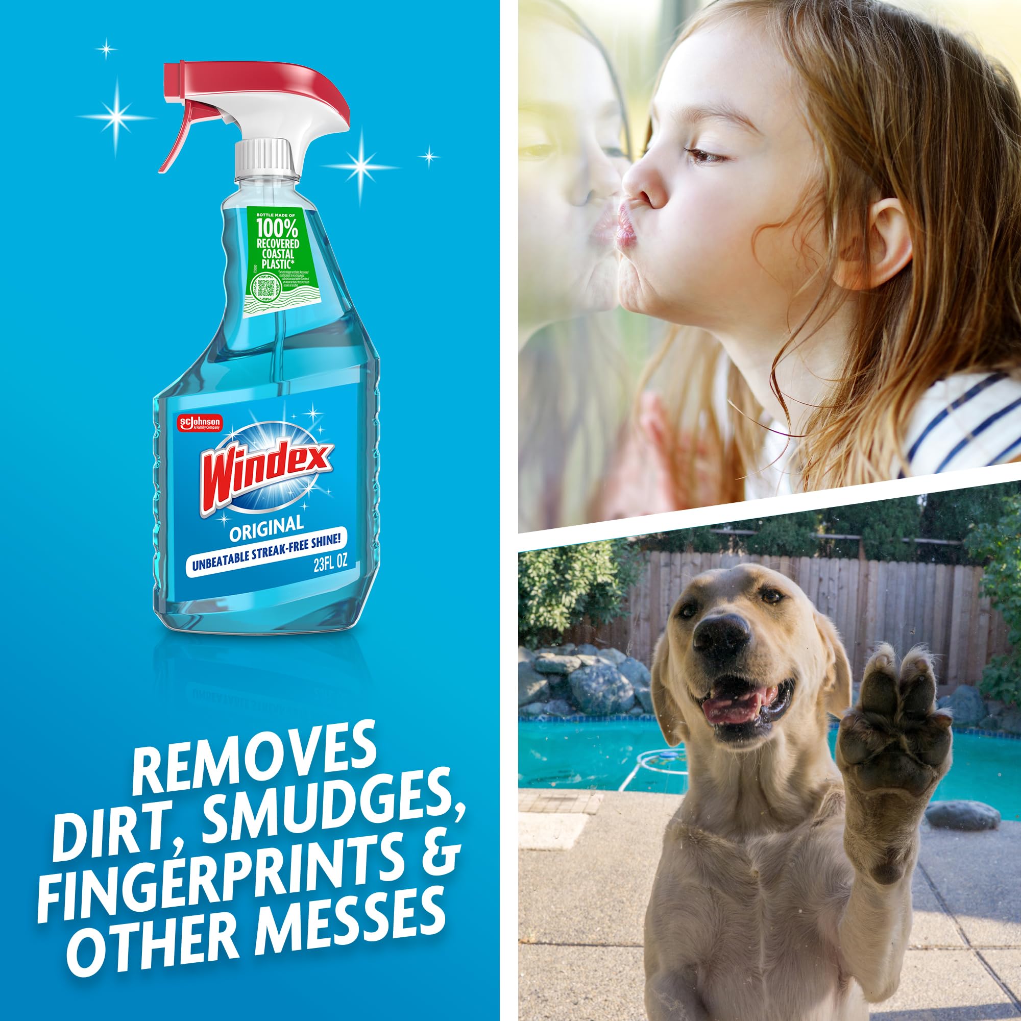 Windex Glass and Window Cleaner Spray Bottle, Bottle Made from 100% Recovered Coastal Plastic, Original Blue, 23 fl oz