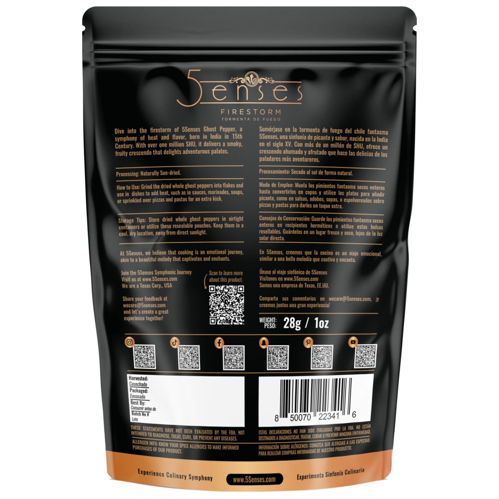 5Senses Dried Whole Ghost Peppers | Bhut Jolokia, Chile Fantasma | Firestorm | Single Origin, 100% Natural, Non-GMO, Fairtrade, Vegan Spice, Whole