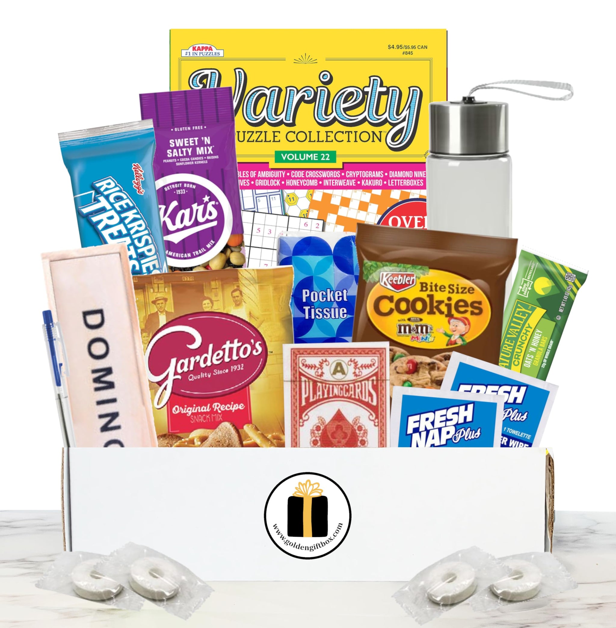 Feel Better Care Package and Get WEll Soon Gift Basket with Puzzle Book, Games, Snack Mix, Cookies, Hydration & Comfort Essentials for Recovery