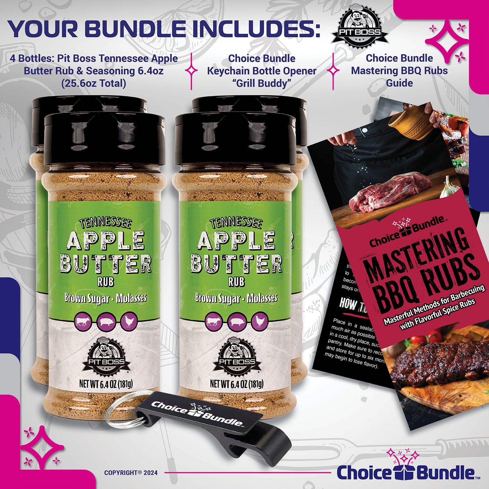 Pit Boss Tennessee Apple Butter Premium BBQ Barbecue Mixed Seasoning Spice & Rub 4 pk Choice Bundle (25.6 oz) + Guide & Keychain Bottle Opener (6