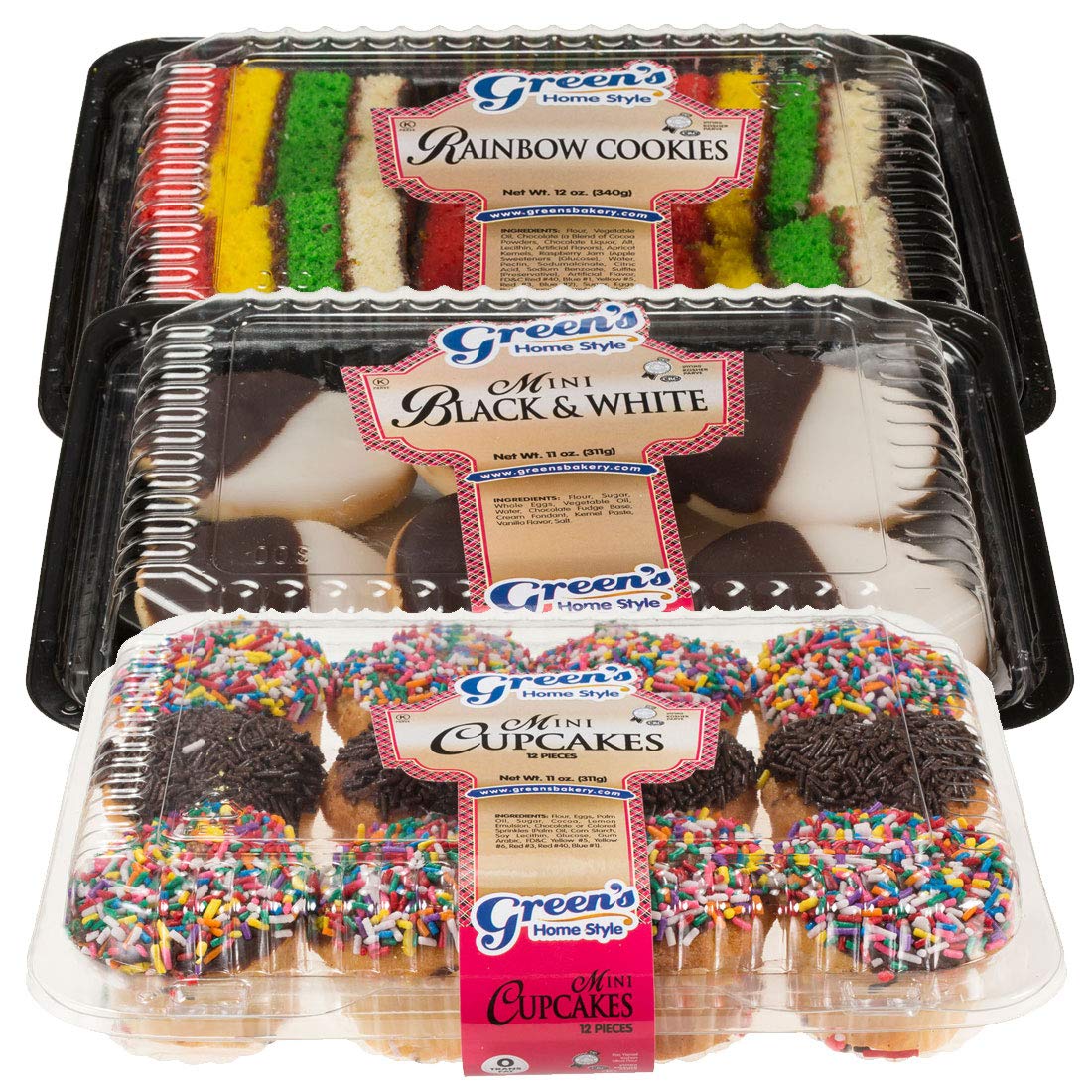Green's (1) Rainbow Cookies (1) Mini Black & White Cookies (1) Mini Cupcakes Pack