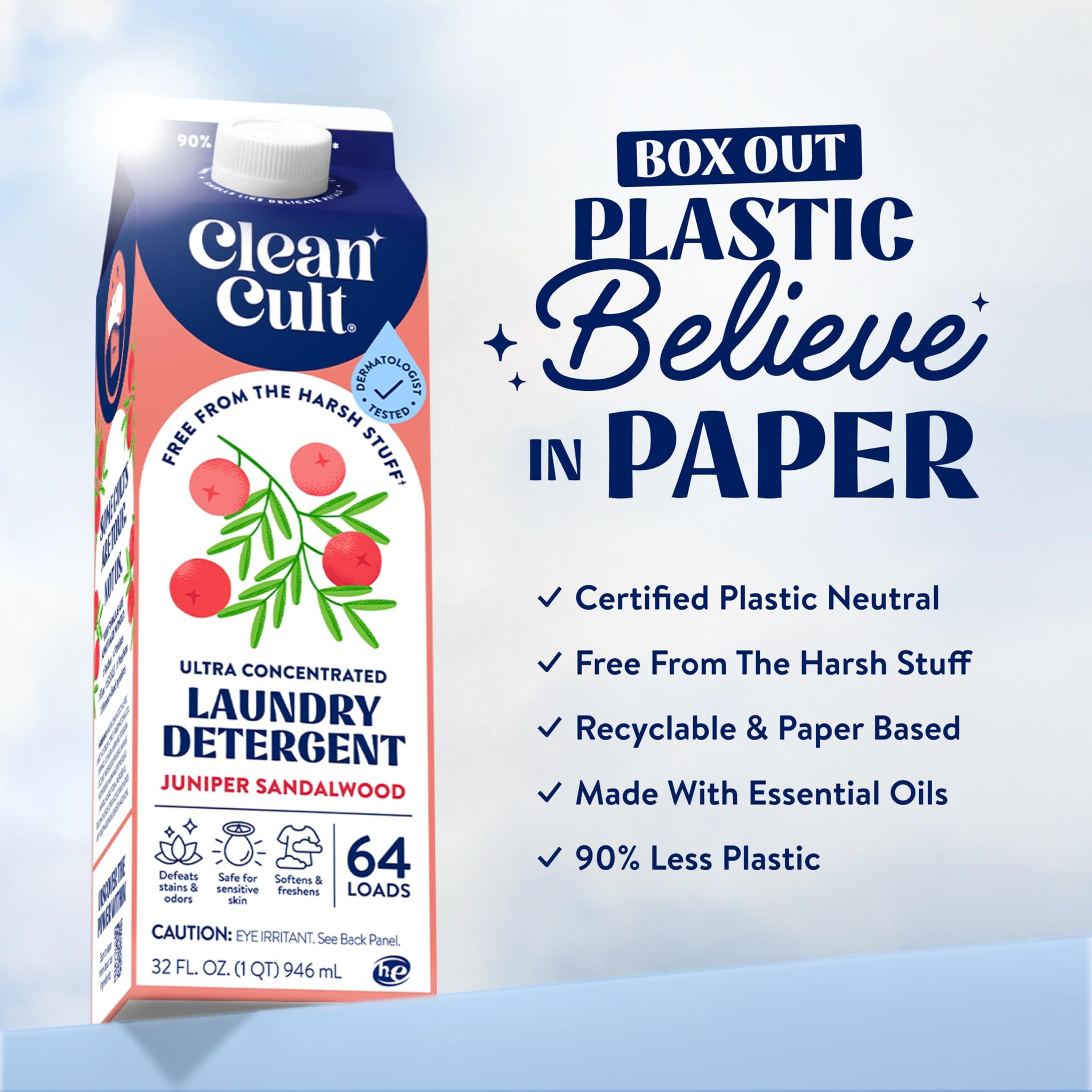 Ultra Concentrated Liquid Laundry Detergent Soap, 64 loads (32 oz), Long Lasting Scent, 90% Less Plastic, No Harsh Chemicals, Juniper Sandalwood