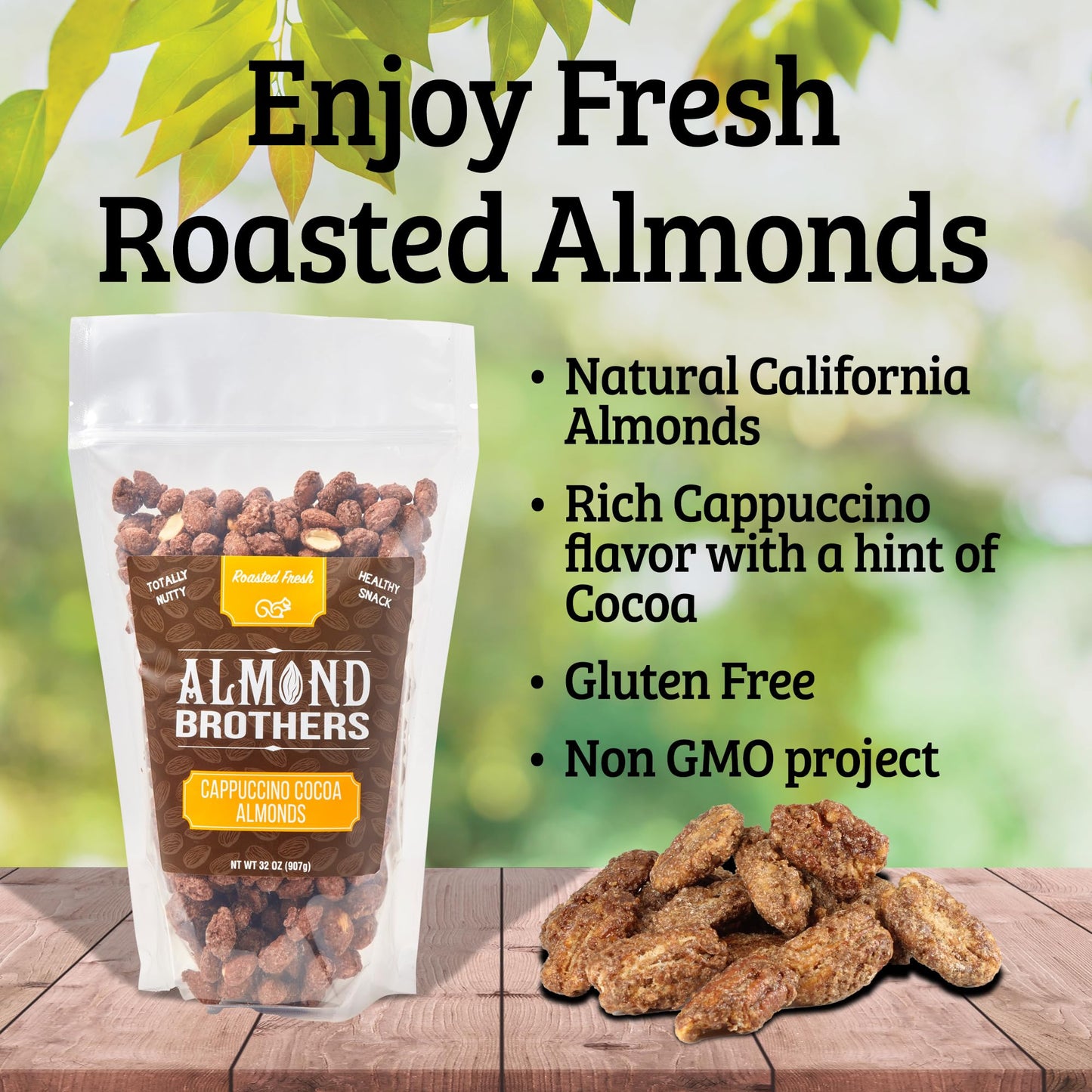 Almond Brothers Roasted Almonds - 2 lb bag - Hand Crafted Cappuccino & Cocoa Almonds, Gluten-Free, Non-GMO