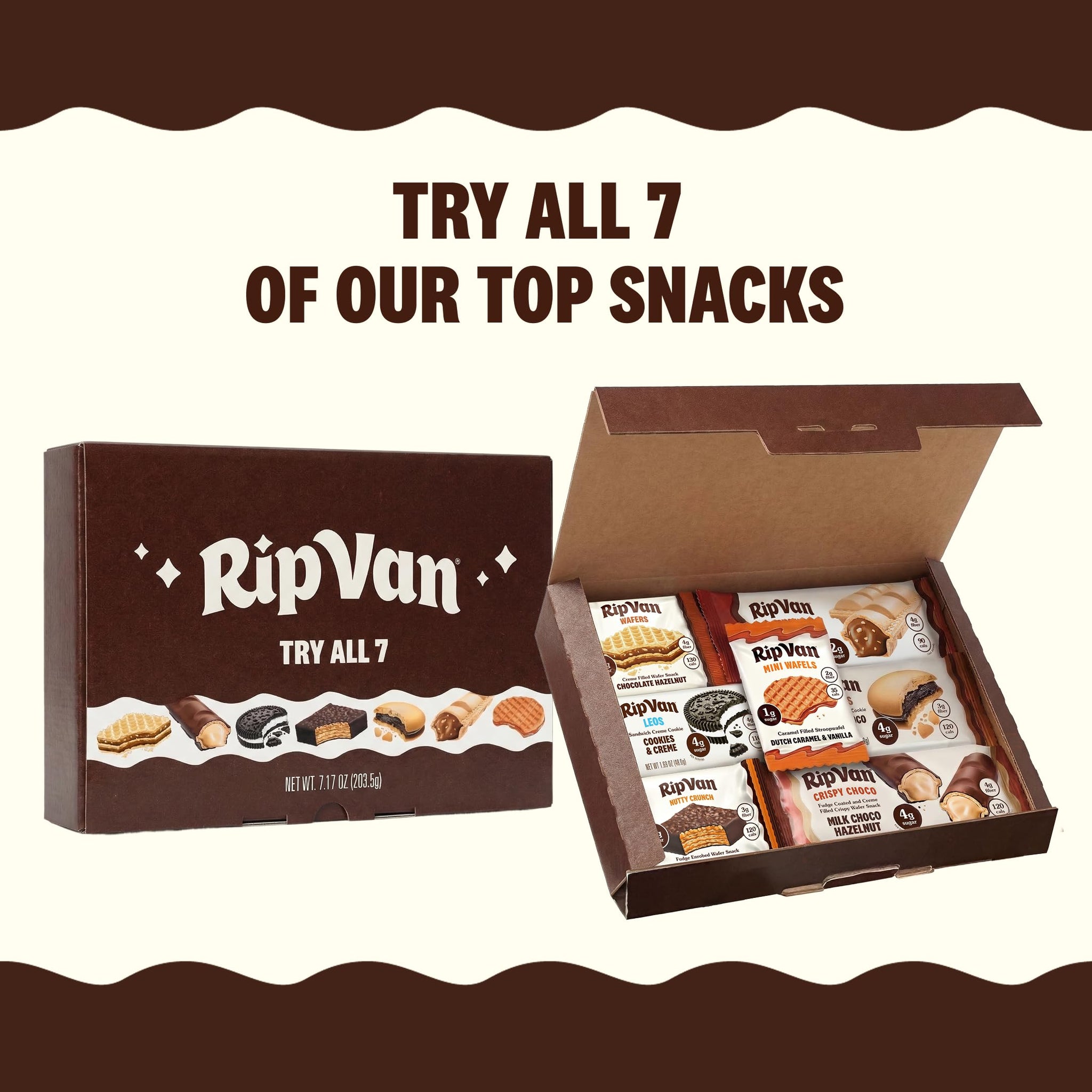 Rip Van Variety Discovery Pack (7 Count) - Low Sugar Healthy Snack Sampler - Includes Romeos, Leos, Dutch Caramel Stroopwafels, Chocolate Hazelnut