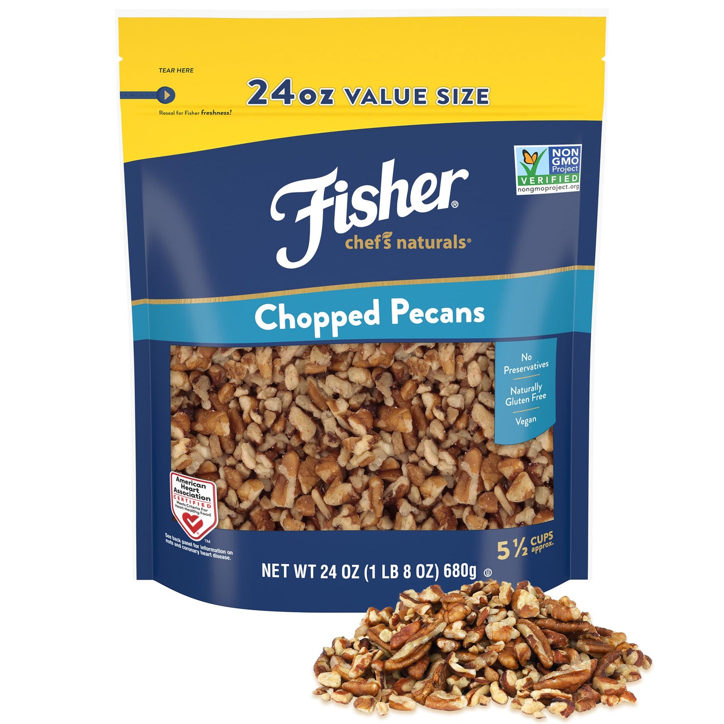 Fisher Chef's Naturals Unsalted Chopped Pecans 24 oz Resealable Bag, Unsalted Raw Nuts for Cooking, Baking & Snacking, Healthy Snacks for Adults