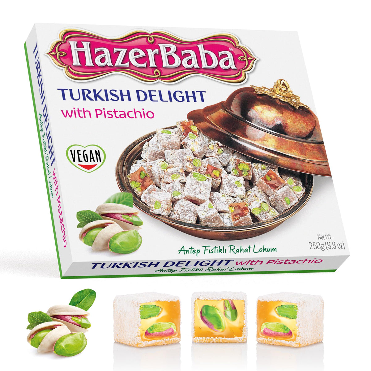 HazerBaba Turkish Delight Pistachio Candy, 8.8oz (Pack of 1), Lokum