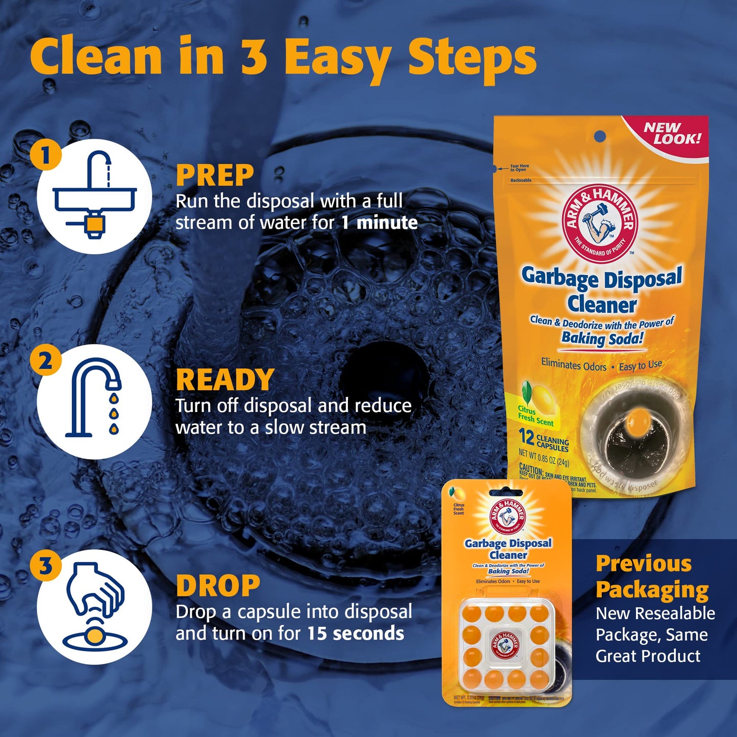 Arm & Hammer 12-Count Sink Garbage Disposal Cleaner, Freshener & Deodorizer Capsules Citrus Scent, with Power of Baking Soda