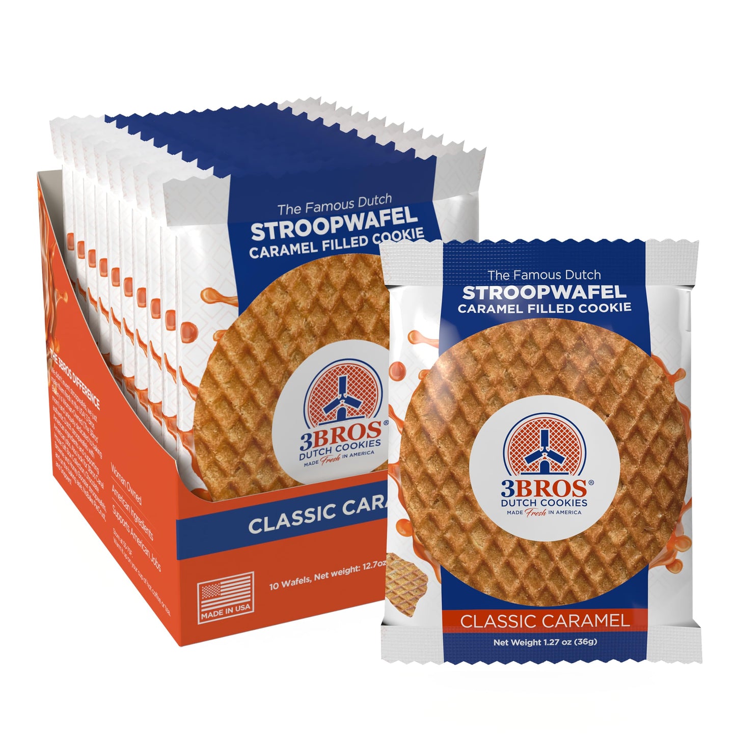 3Bros Stroopwafels, Dutch Caramel-Filled Waffle Cookies, Individually Wrapped, 10 Count, Soft Toasted Outside With Buttery Caramel Filling, Made in