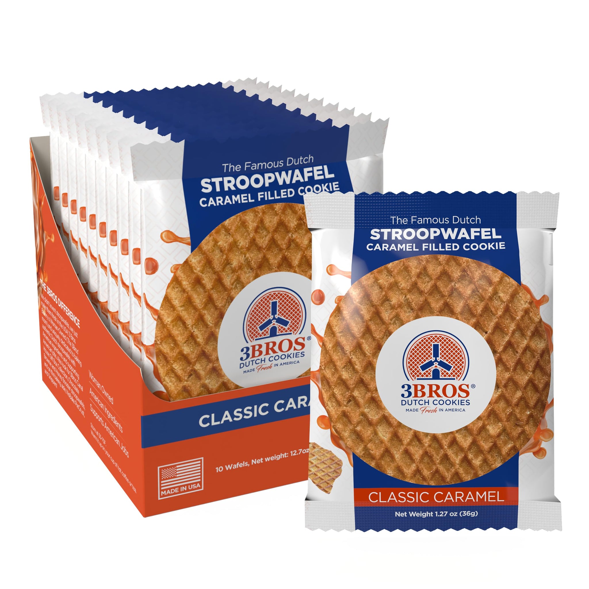 3Bros Stroopwafels, Dutch Caramel-Filled Waffle Cookies, Individually Wrapped, 10 Count, Soft Toasted Outside With Buttery Caramel Filling, Made in