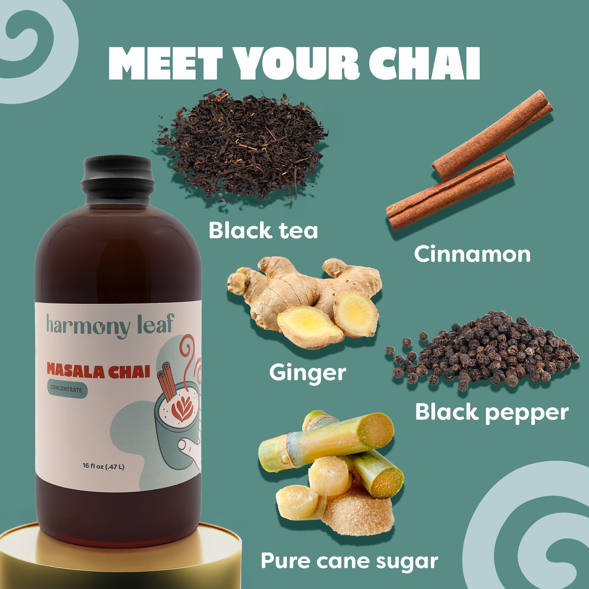 Harmony Leaf Masala Chai Concentrate, 16 oz, Black Tea and Spices Chai Latte Base, 1 to 1 Mix, Vegan, No Artificial Flavors