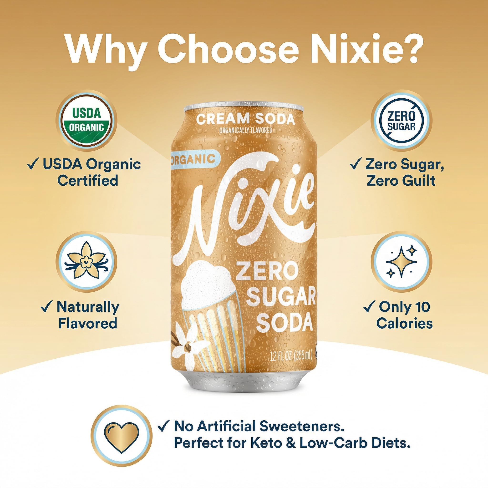 Nixie Soda Zro Sgr Crm Soda Og - 12 fl oz Can Cream - Pack of 1 - Prebiotic Inspired Alternative to Cola Root Beer Ginger Ale and Orange with a Random