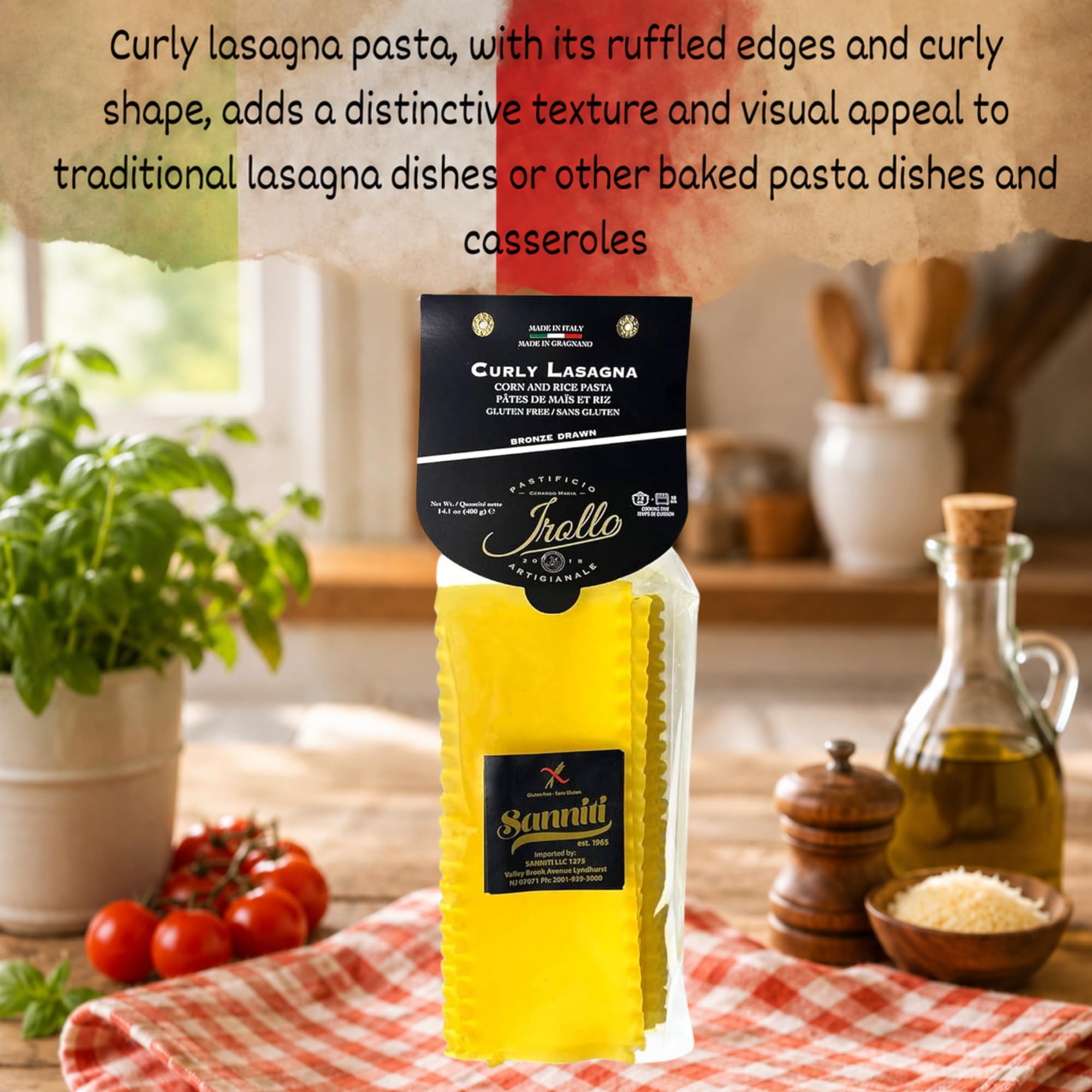 Sanniti by Irollo Gluten Free Curly Lasagna Pasta 17.6 oz, Corn & Rice Blend, Bronze Drawn - Authentic Italian Pasta Made in Italy