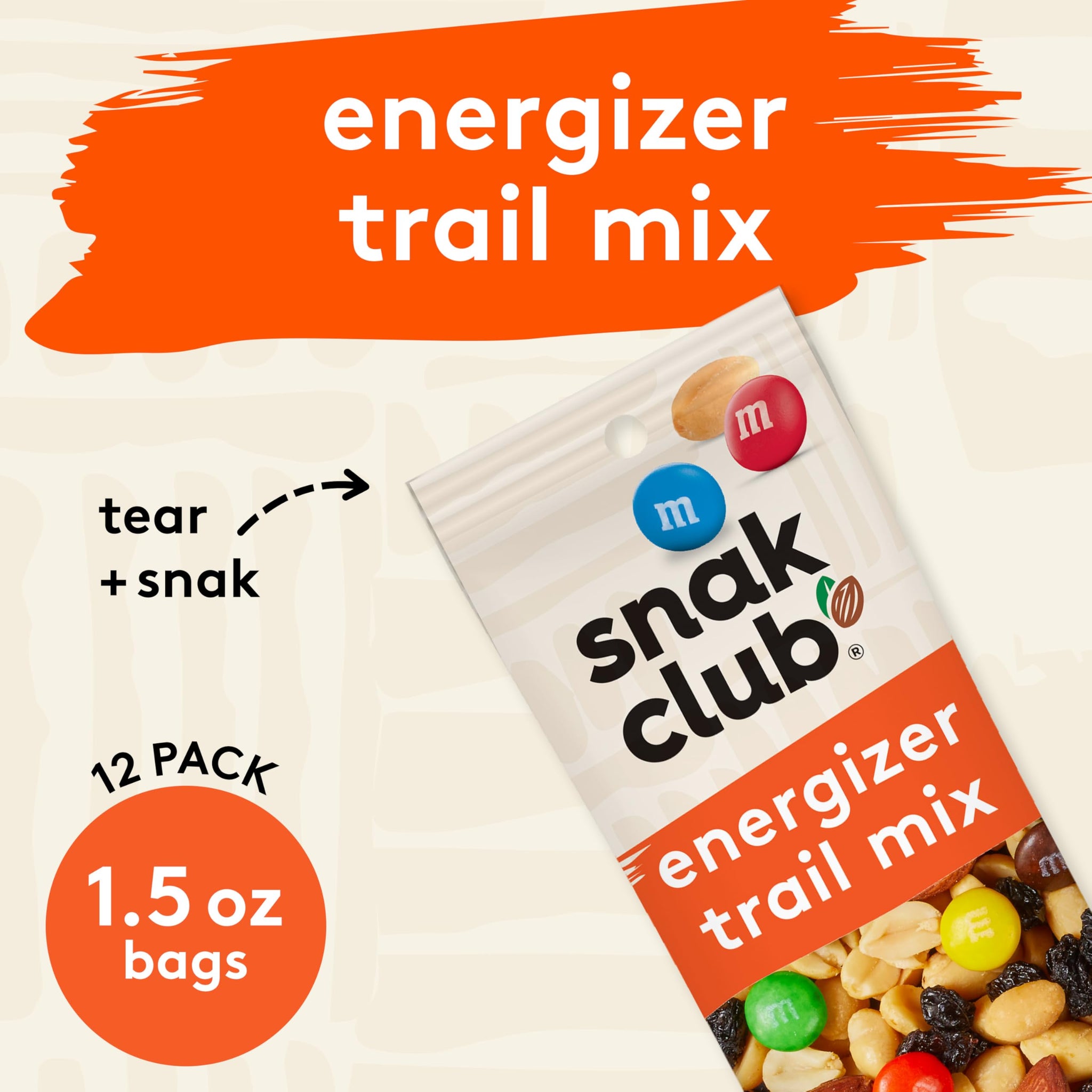 Snak Club Energizer Trail Mix with Roasted Salted Peanuts, Raisins, Chocolatey Candies, Roasted Almonds, Gluten-Free and Kosher Snack, 2 oz Bags, 12