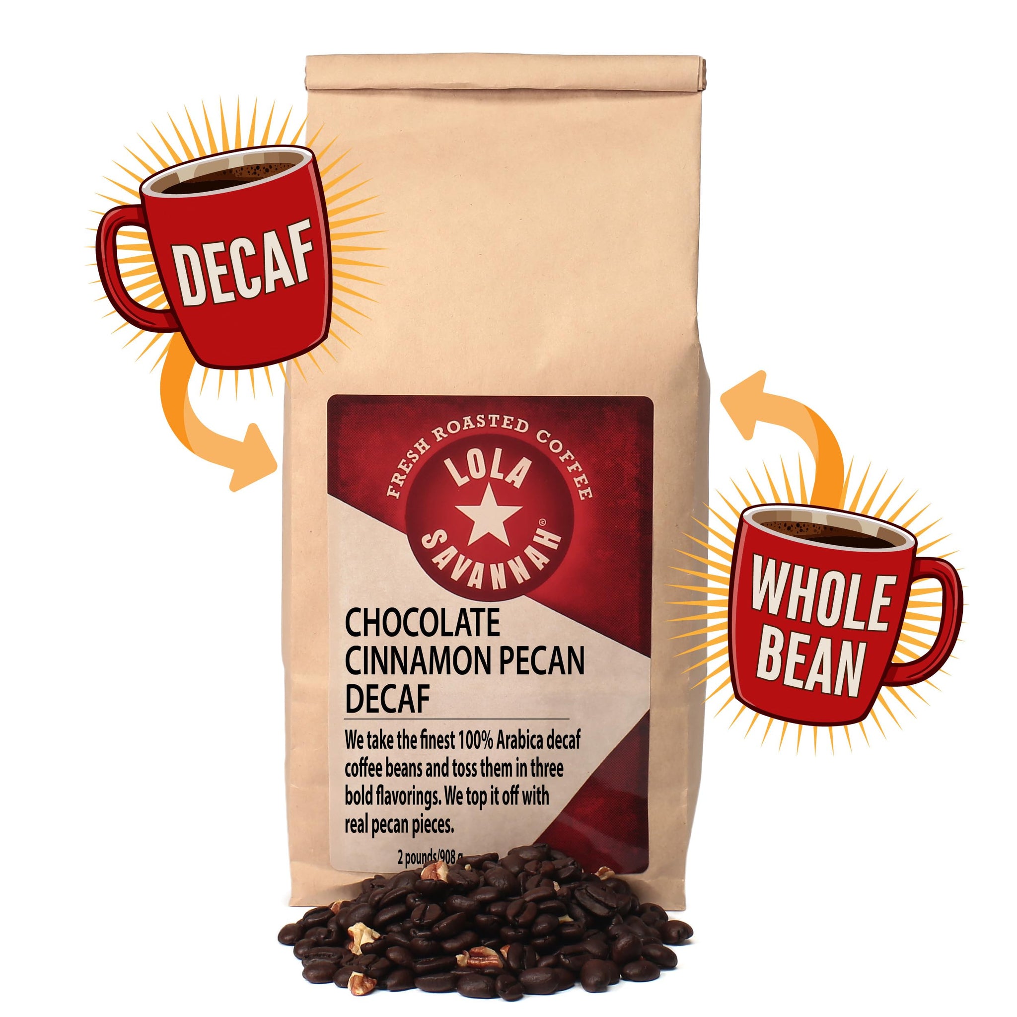 Lola Savannah Chocolate Cinnamon Pecan Whole Bean Decaf Coffee, 2lb