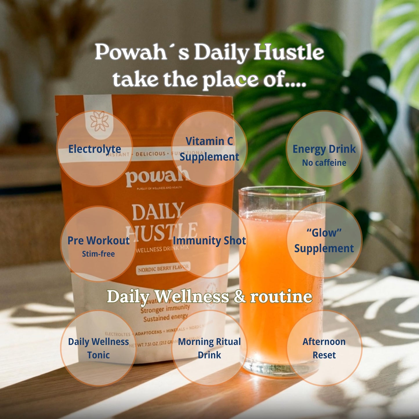 Powah Daily Hustle Wellness Drink - Electrolytes, Adaptogens & Immunity Support. 30 Sugar-Free Servings. Clean Superfoods. Nordic Berry Flavor.