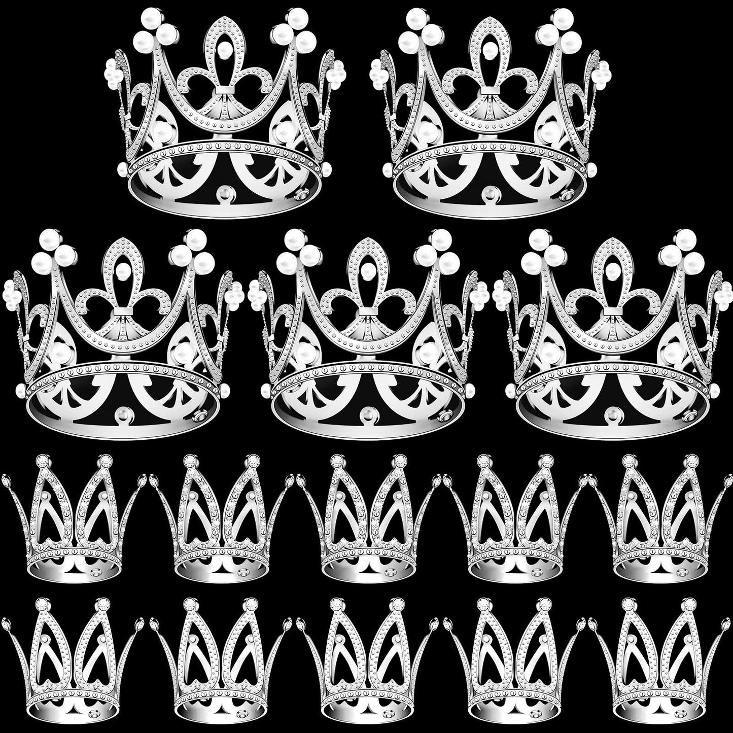 15Pcs Crown Cake Topper, Silver Mini Crowns, Small Crystal Pearl Cupcake Toppers for Flower Arrangements Cupcake Baby Shower Birthday Party Wedding