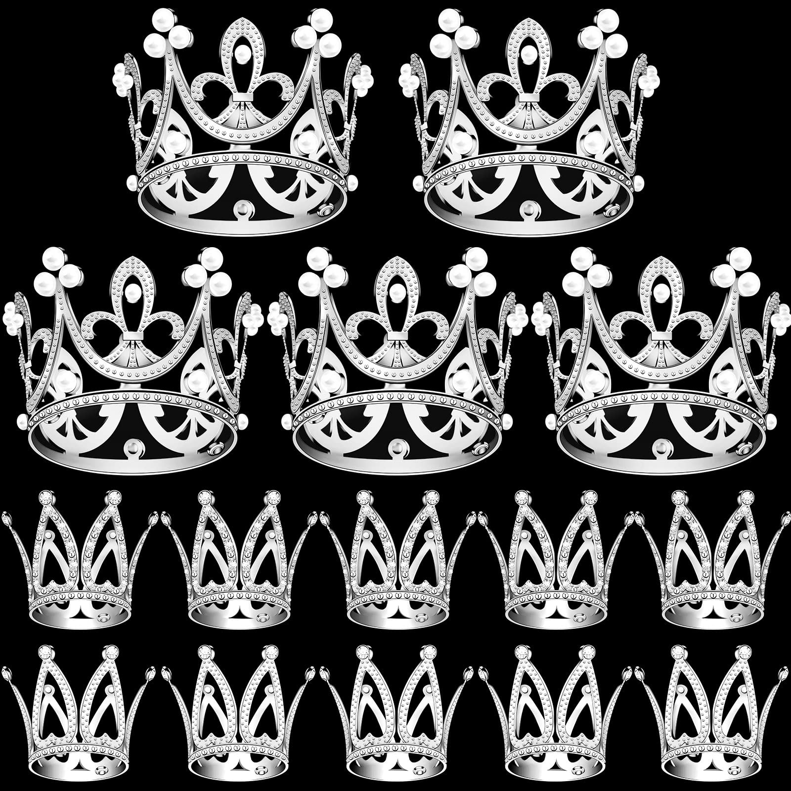 15Pcs Crown Cake Topper, Silver Mini Crowns, Small Crystal Pearl Cupcake Toppers for Flower Arrangements Cupcake Baby Shower Birthday Party Wedding