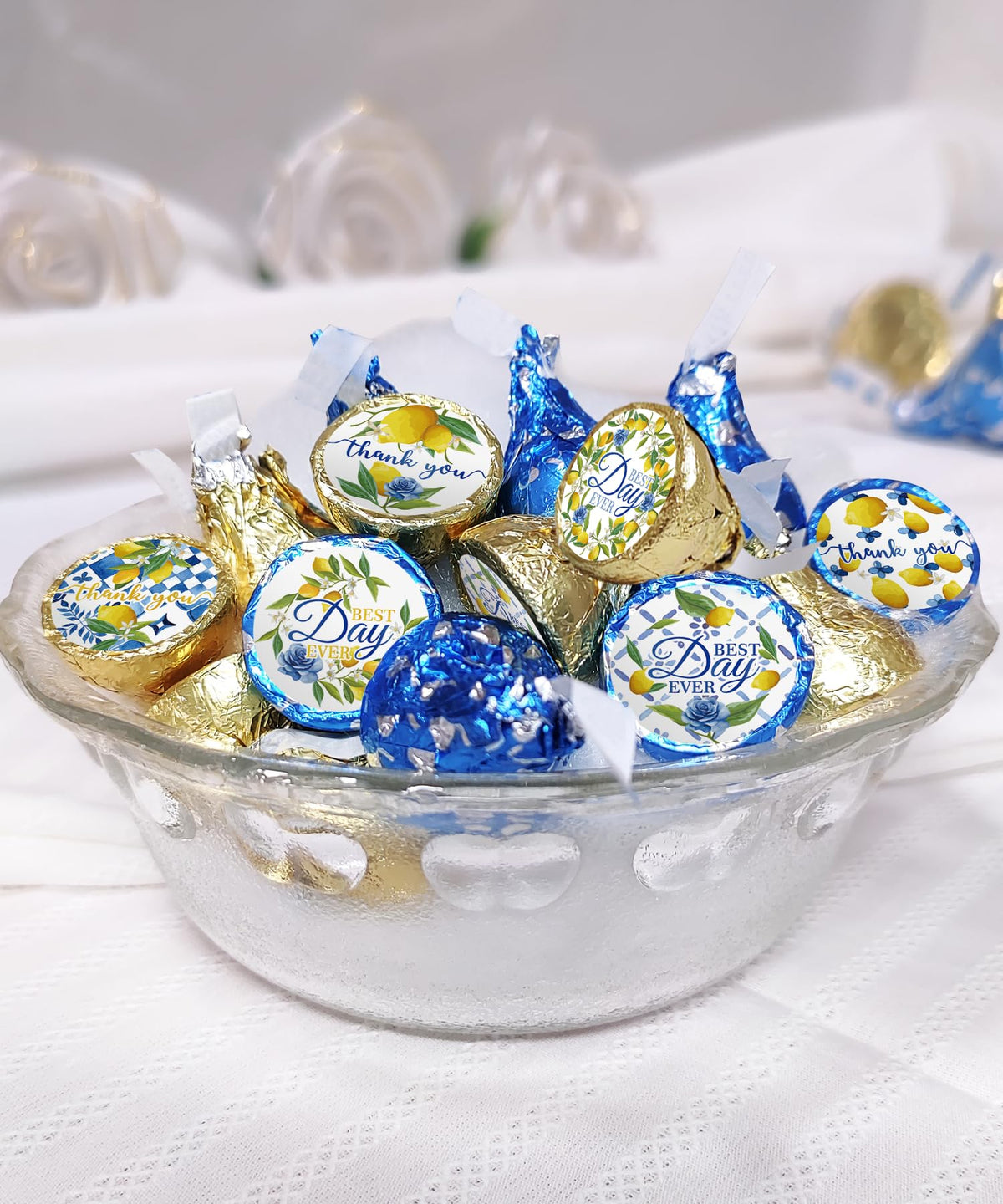 300 Pcs Capri Lemon Wedding Kiss Sticker Labels, Lemon Blue Tiles Round Candy Stickers for Bridal Baby Shower Birthday Party, Summer Italian Style