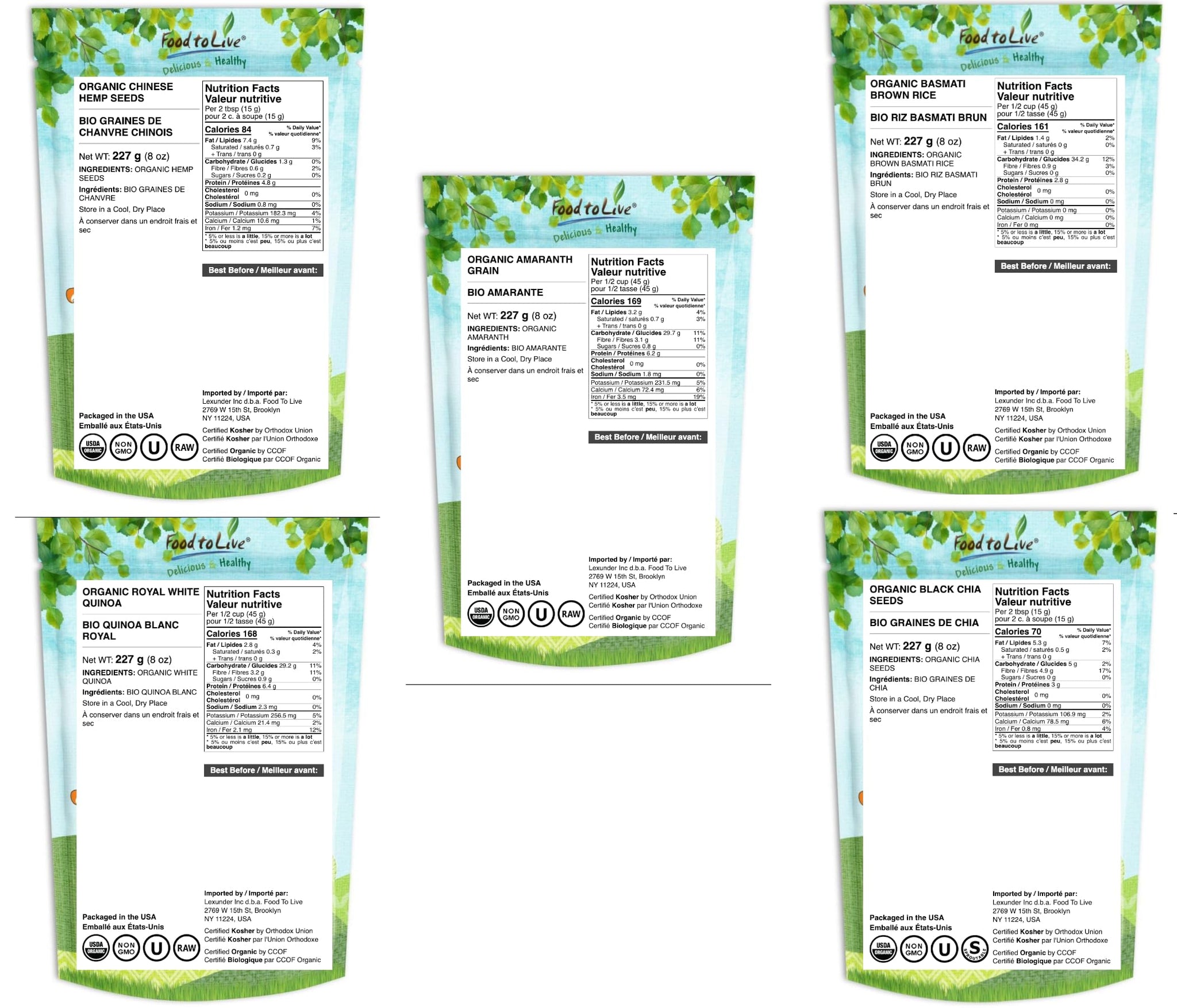 Food to Live Organic Super Seeds in a Gift Box - Hemp Seeds, White Quinoa, Amaranth, Brown Basmati Rice, and Chia Seeds