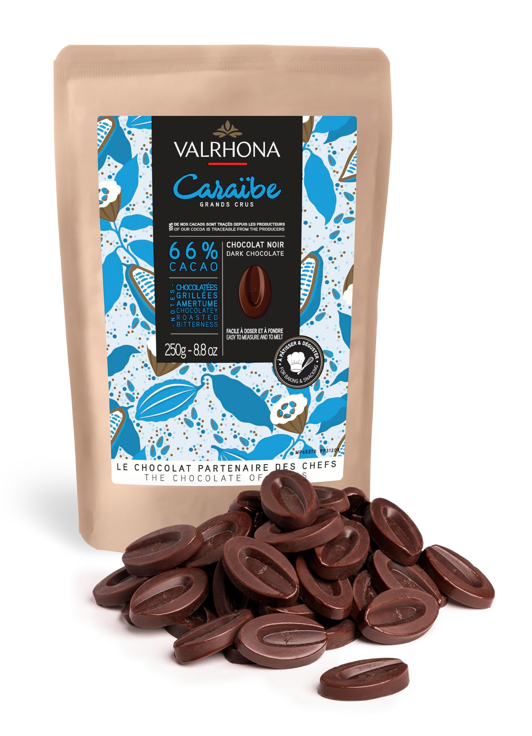 Valrhona Dark French Semisweet Chocolate Discs for Baking (Feves). Premium CARAÏBE 66% Cacao Grand Cru Blend. Better than Chocolate Chips, Perfect For Cookies, Cakes, Mousses, Frostings, Hot Chocolate
