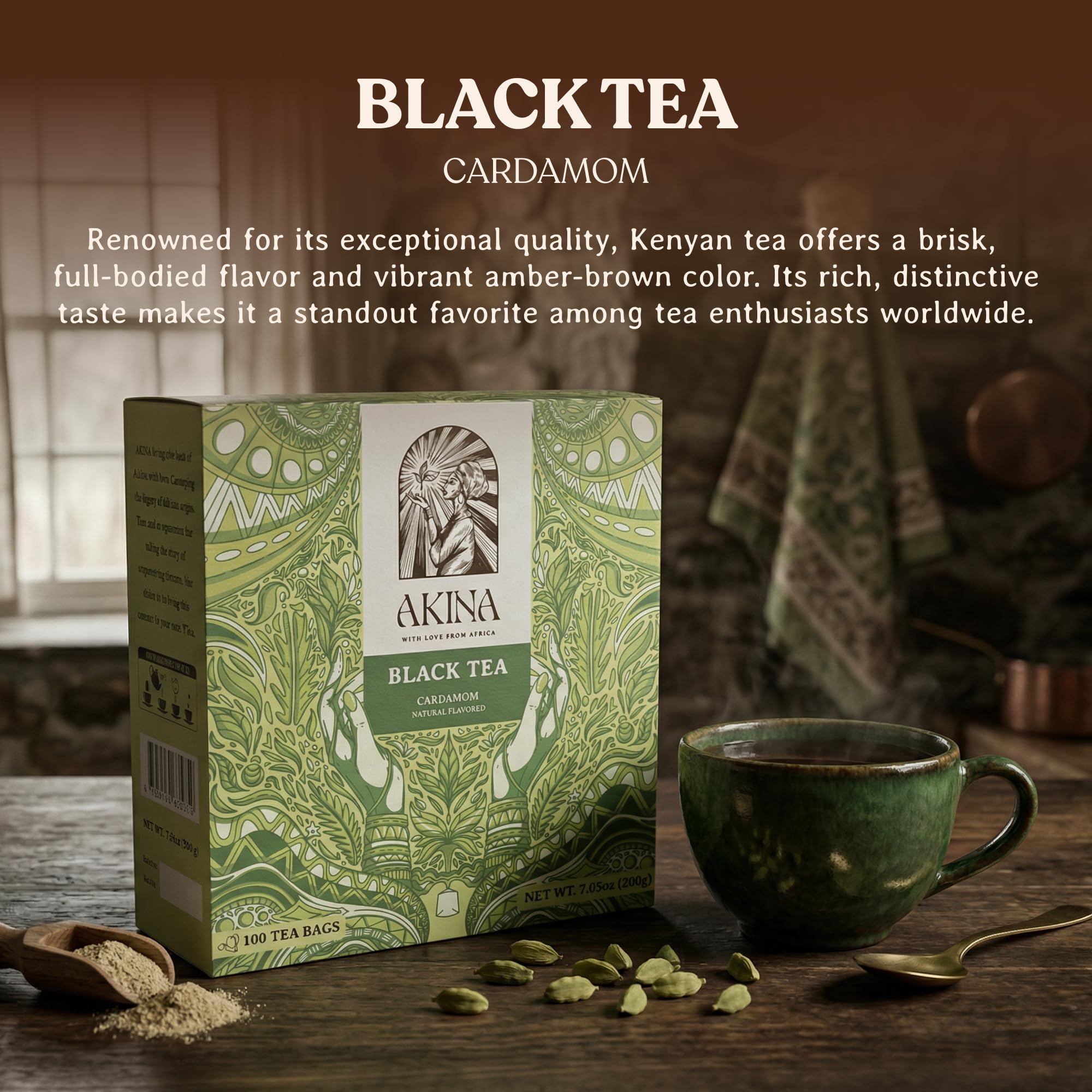 AKINA - Cardamom Flavored Black Tea Bags, Individually Wrapped, Spiced String and Tag Kenyan Cardamom Tea Bags, Warm and Spicy with Invigorating Aroma
