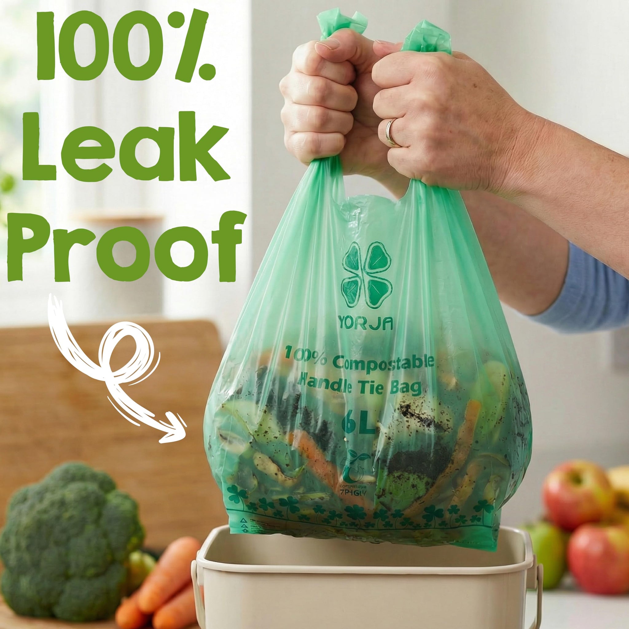 YORJA 1.6 Gallon Tie Handles Compost Trash Bags 120 Food Scrap Bags, Compostable Kitchen Waste Bags with Europe EN13432 & ASTM D6400 Certified