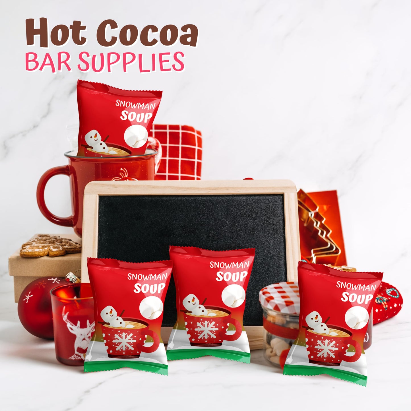 4E's Novelty 50 Packs "Snowman Soup" Mini Marshmallow Packets, Vanilla Flavored, 14 Marshmallows in Each Bag, Bulk Individually Wrapped Christmas