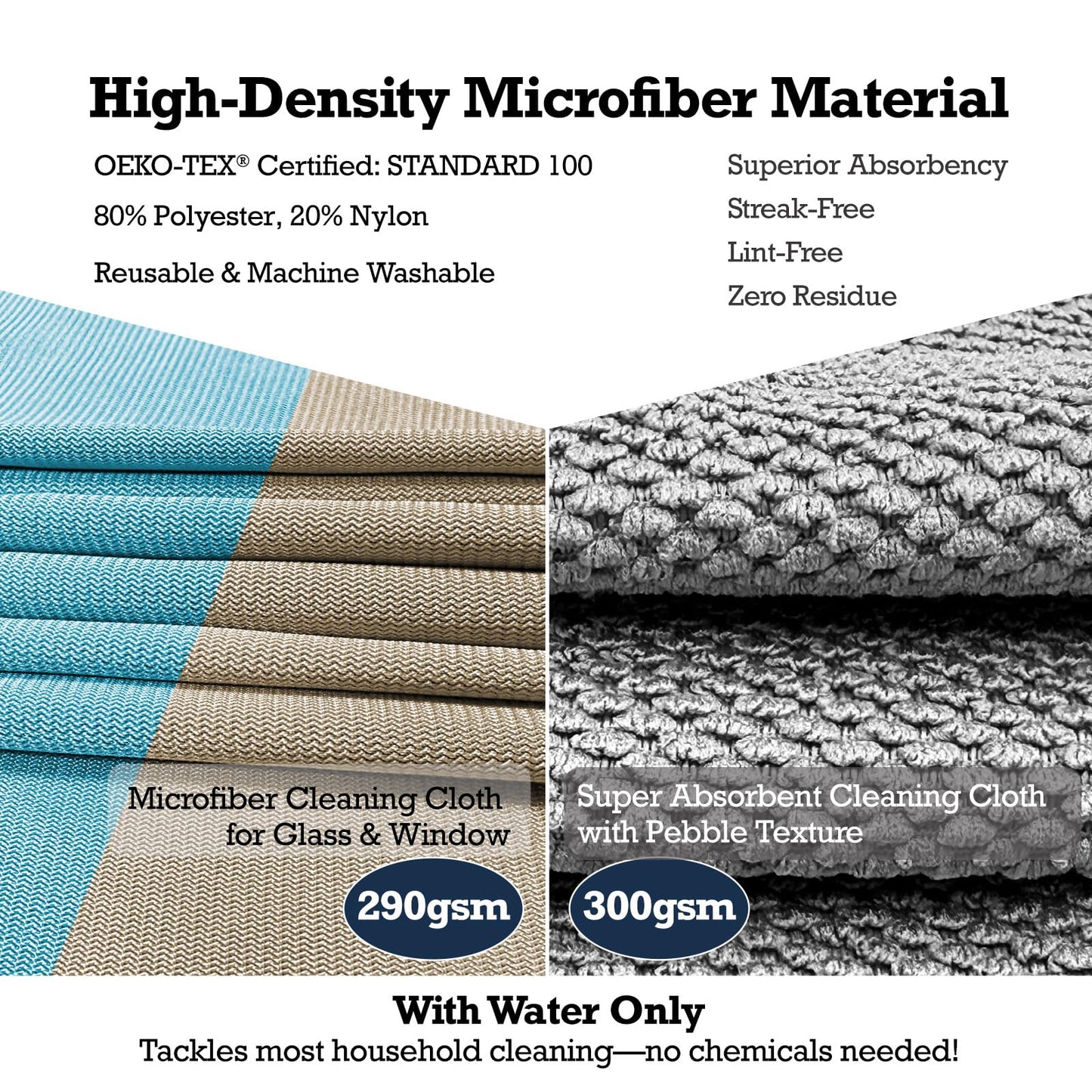 Exprosiflux Lint-Free Streak-Free Glass Cleaning Cloth 3-Pack - Microfiber Towels Polish & Scrub with Only Water for Windows, Cars, Mirrors - Blue