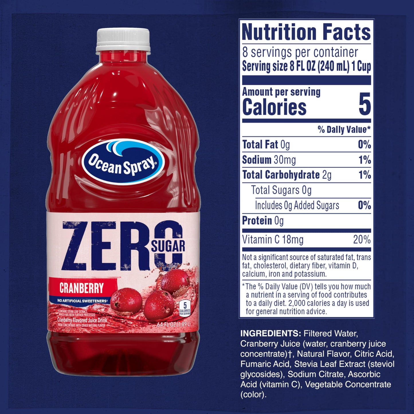 Ocean Spray® ZERO Sugar Cranberry Juice Drink, Cranberry Juice Drink Sweetened with Stevia, 64 Fl Oz Bottle