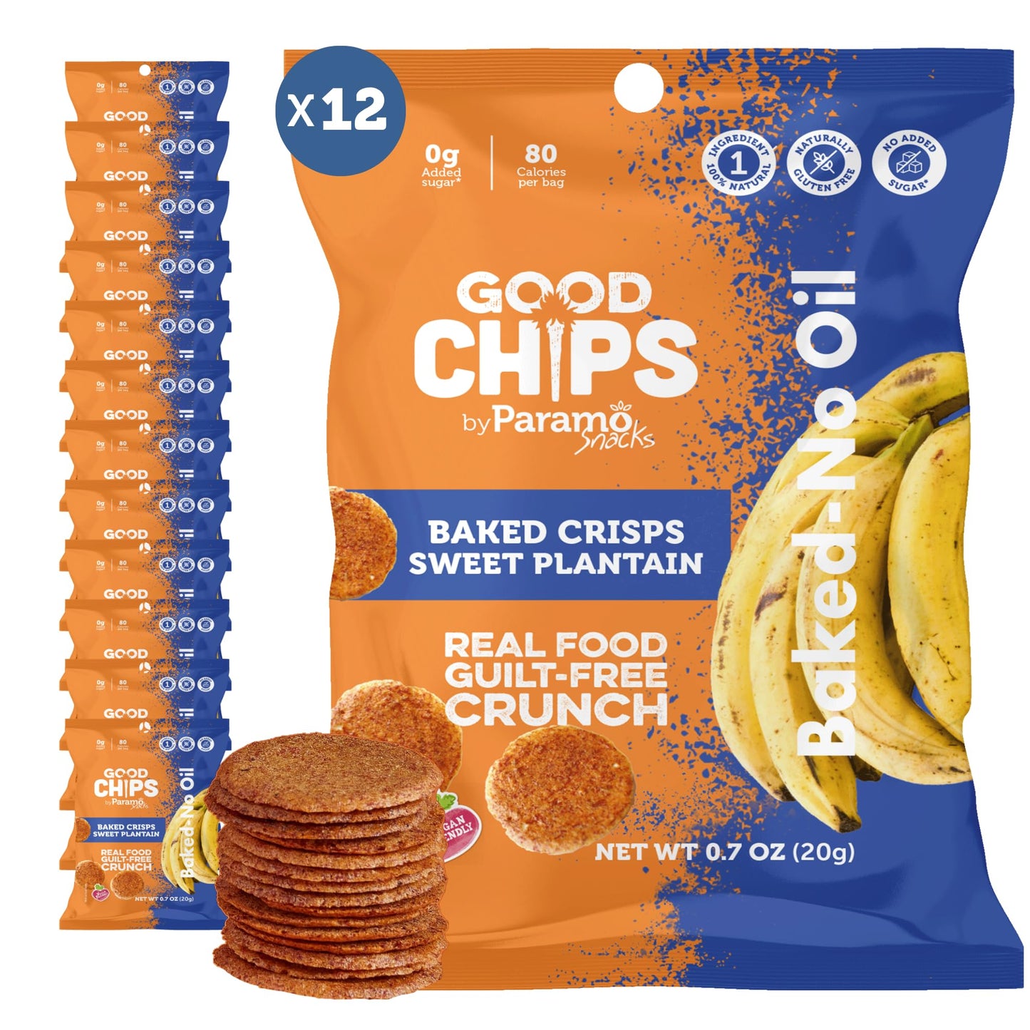 Baked Sweet Plantain Crisps by GOOD CHIPS! Crispy, Crunchy, Oil-Free, Healthy Maduritos - 0.7 oz bags - Pack of 12