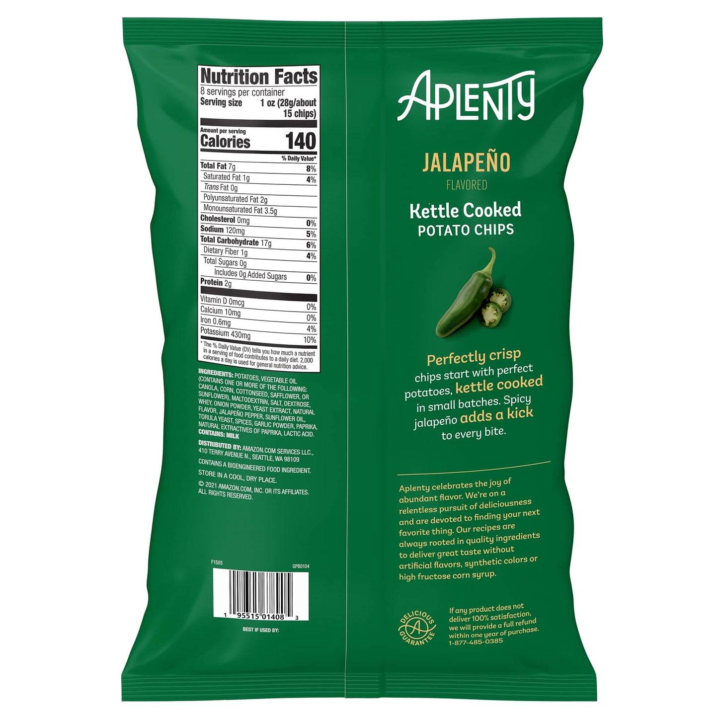 Amazon Brand, Aplenty Jalapeño Kettle Cooked Potato Chips, 8 Oz
