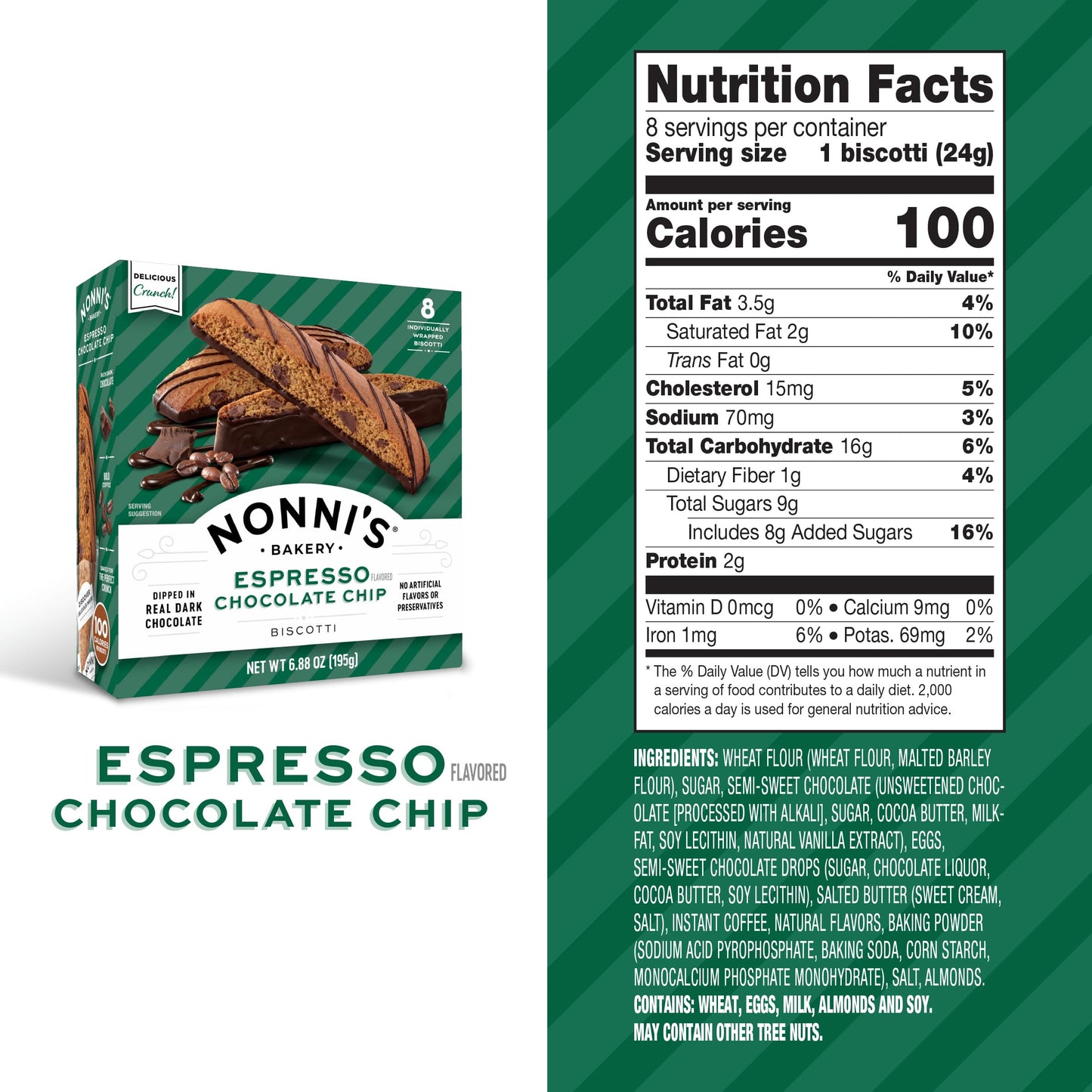 Nonni's Espresso Chocolate Chip Biscotti, Dipped in Real Dark Chocolate, Individually Wrapped Italian Cookie Snacks, 8 Servings (6 Boxes)