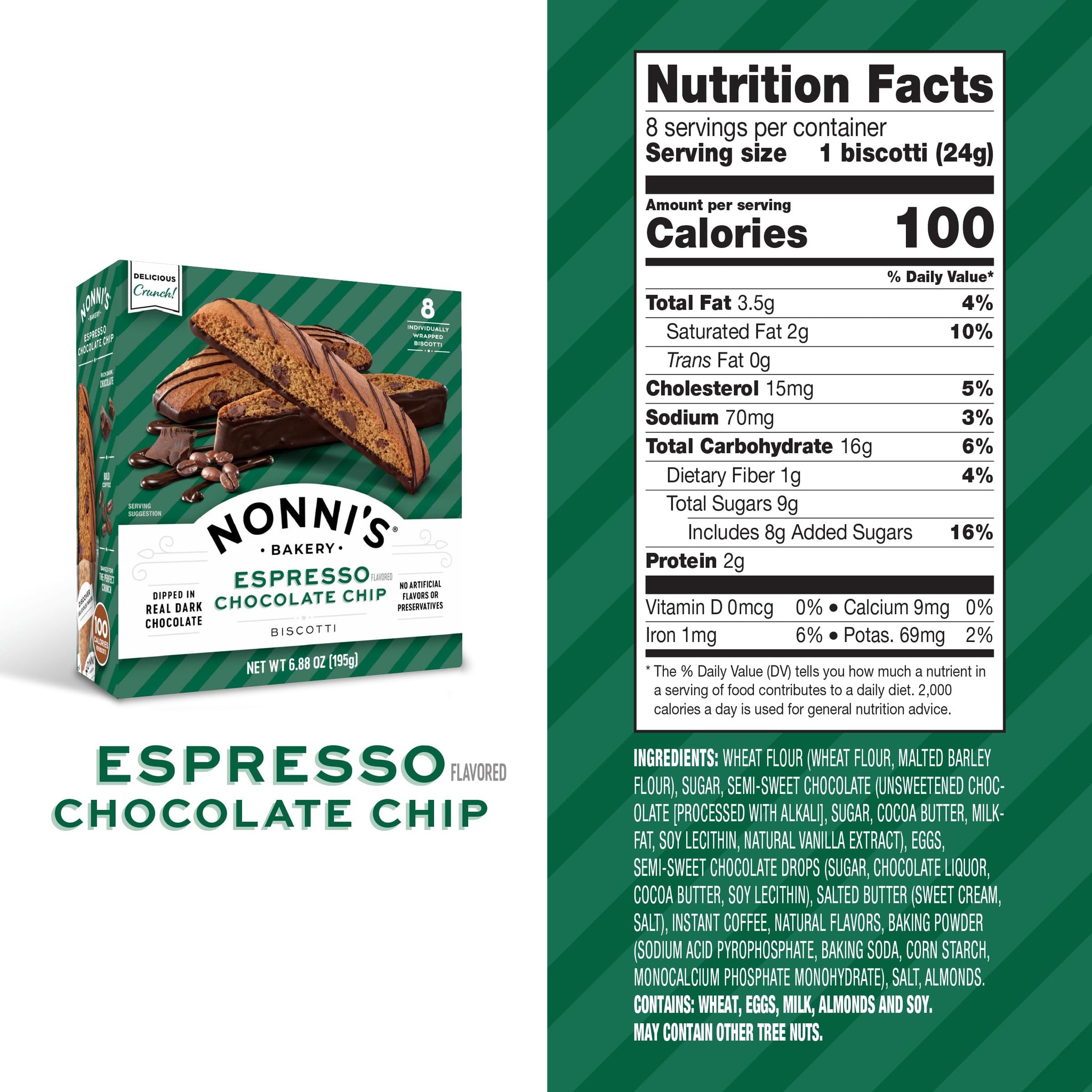 Nonni's Espresso Chocolate Chip Biscotti, Dipped in Real Dark Chocolate, Individually Wrapped Italian Cookie Snacks, 8 Servings (6 Boxes)