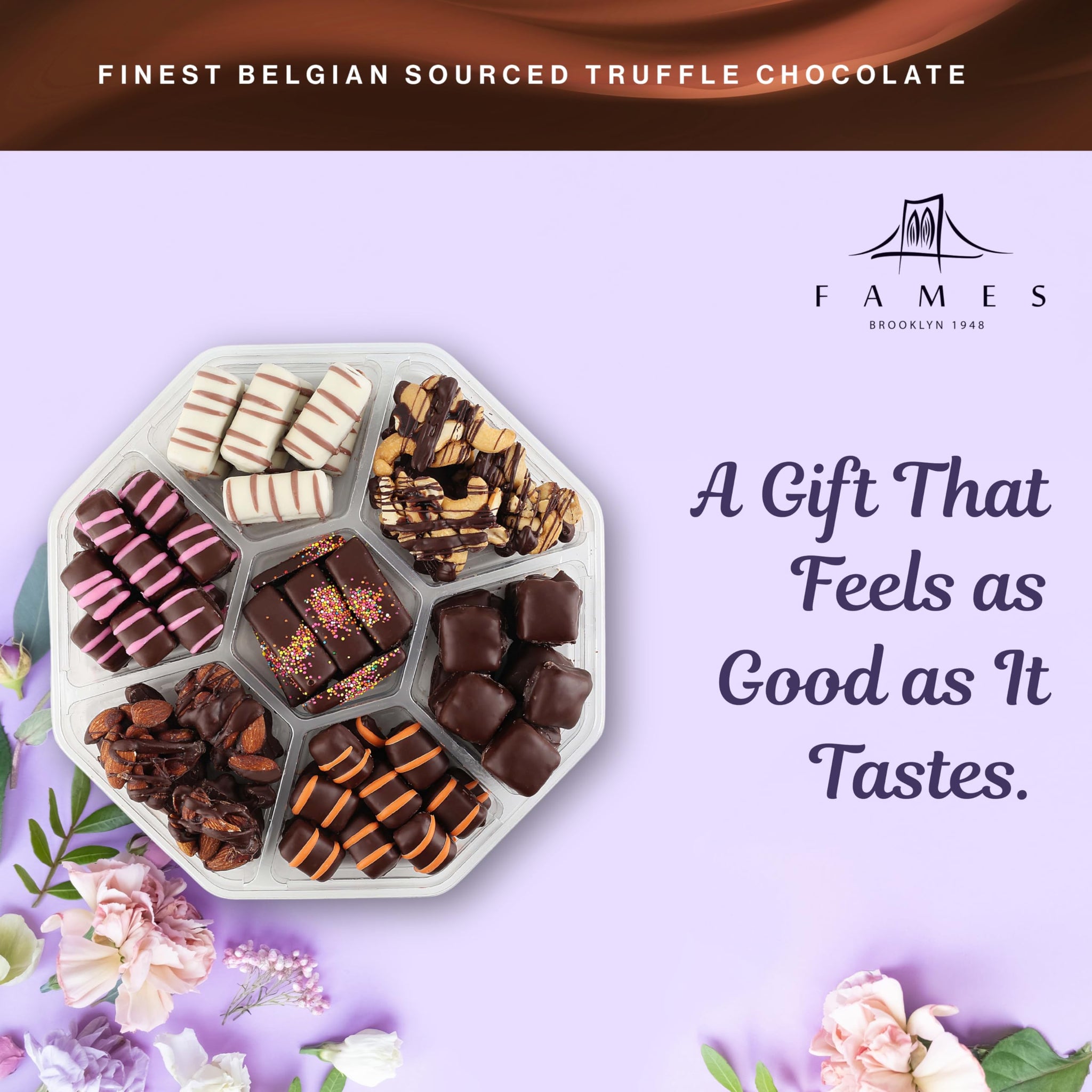 Fames Chocolates Gourmet Gift Box - Belgian Truffle Chocolate Assortment - Dairy Free, Kosher Chocolate with Caramel, Hazelnut, Crunch Nutty, Fudgy