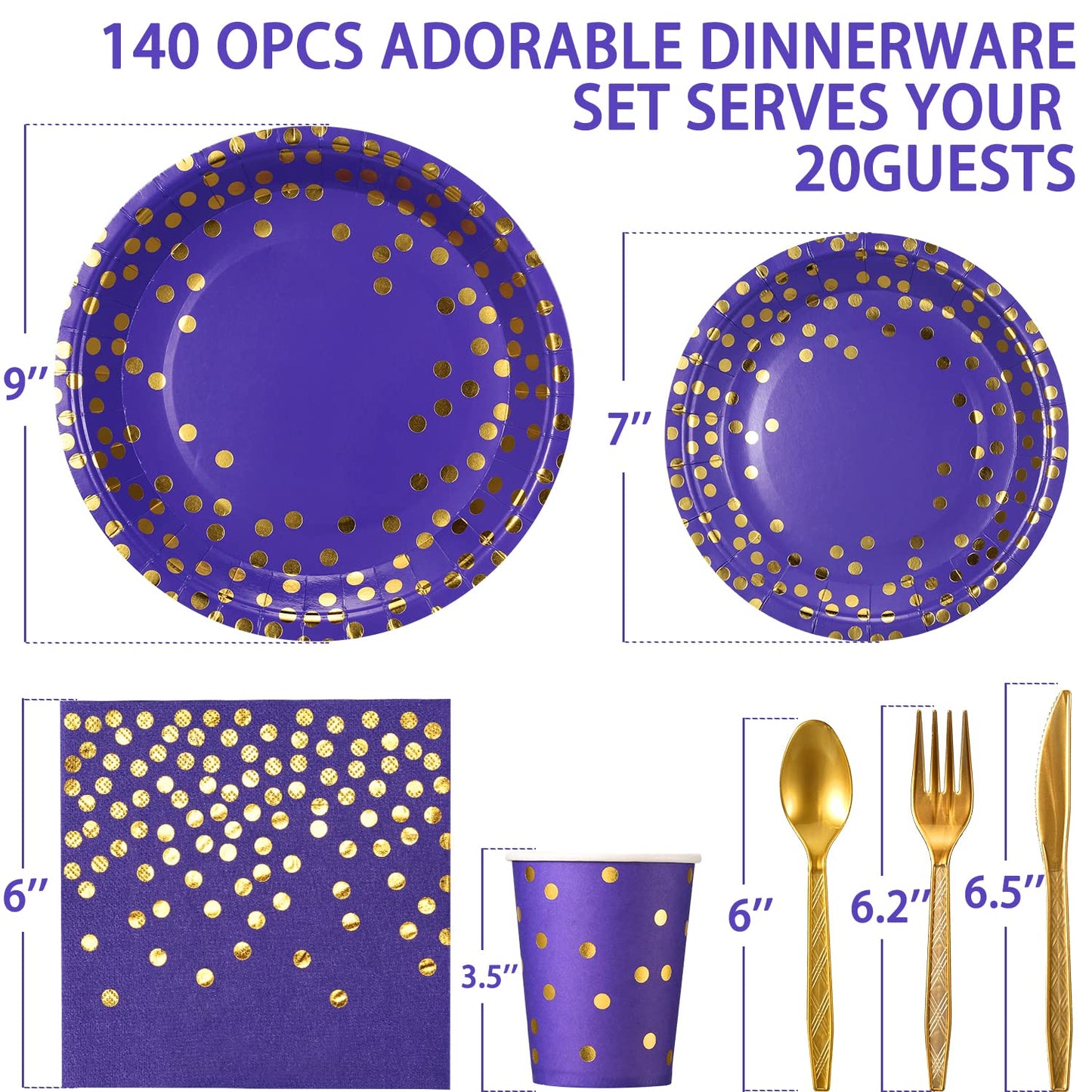 GuoZhiXin Purple and Gold Party Supplies 140 Pieces Golden Dot Disposable Party Dinnerware - Purple Paper Plates Napkins Cups, Gold Plastic Forks
