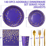 GuoZhiXin Purple and Gold Party Supplies 140 Pieces Golden Dot Disposable Party Dinnerware - Purple Paper Plates Napkins Cups, Gold Plastic Forks