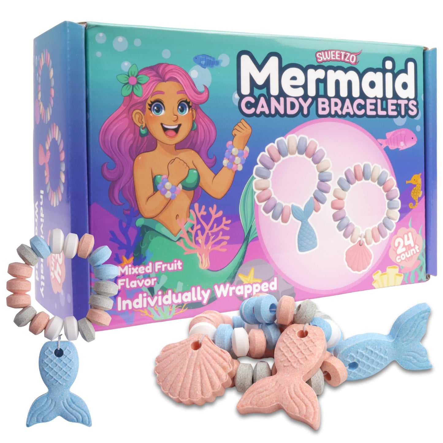 Mermaid Candy Bracelets, 24 Individually Wrapped Edible Jewelry, Girls Birthday Party Favors, 10.16 Ounces
