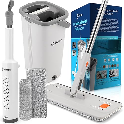 Haiblau Flat Mop & Bucket Wringer Set with Self-Squeeze Mini Mop, Portable Handheld Wet/Dry Cleaner with Microfiber Pads, Flat Mop and Bucket System